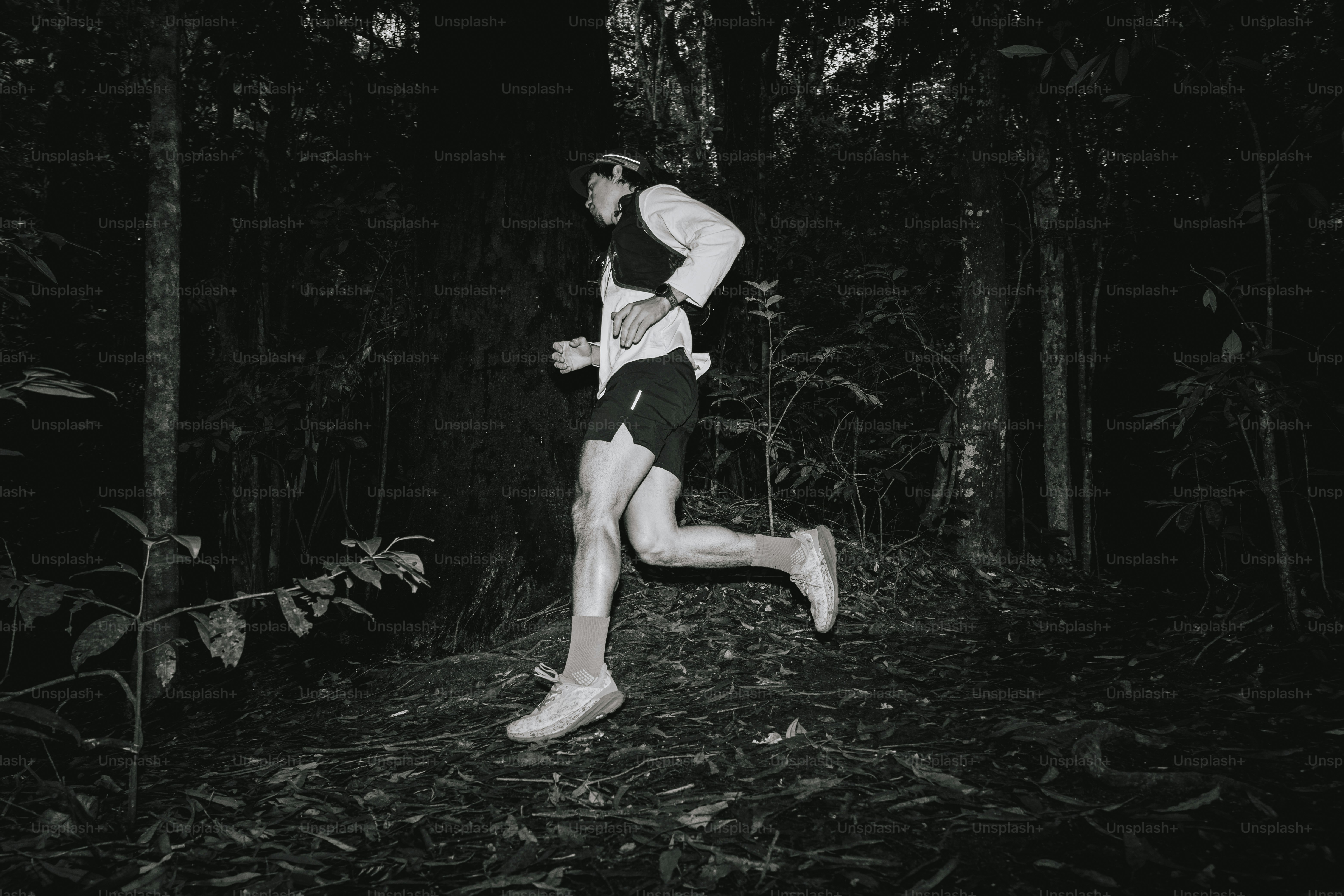 A runner is seen jogging through the forest.