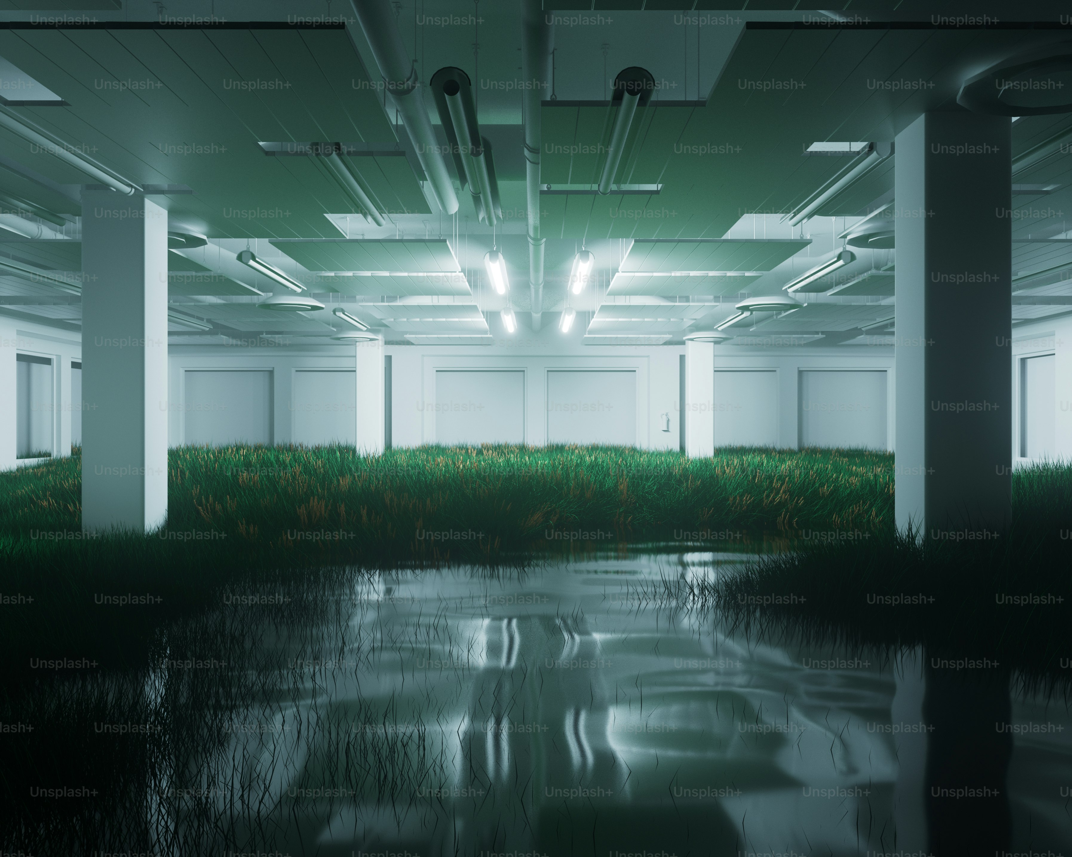 芝生と水が溜まった屋内空間。