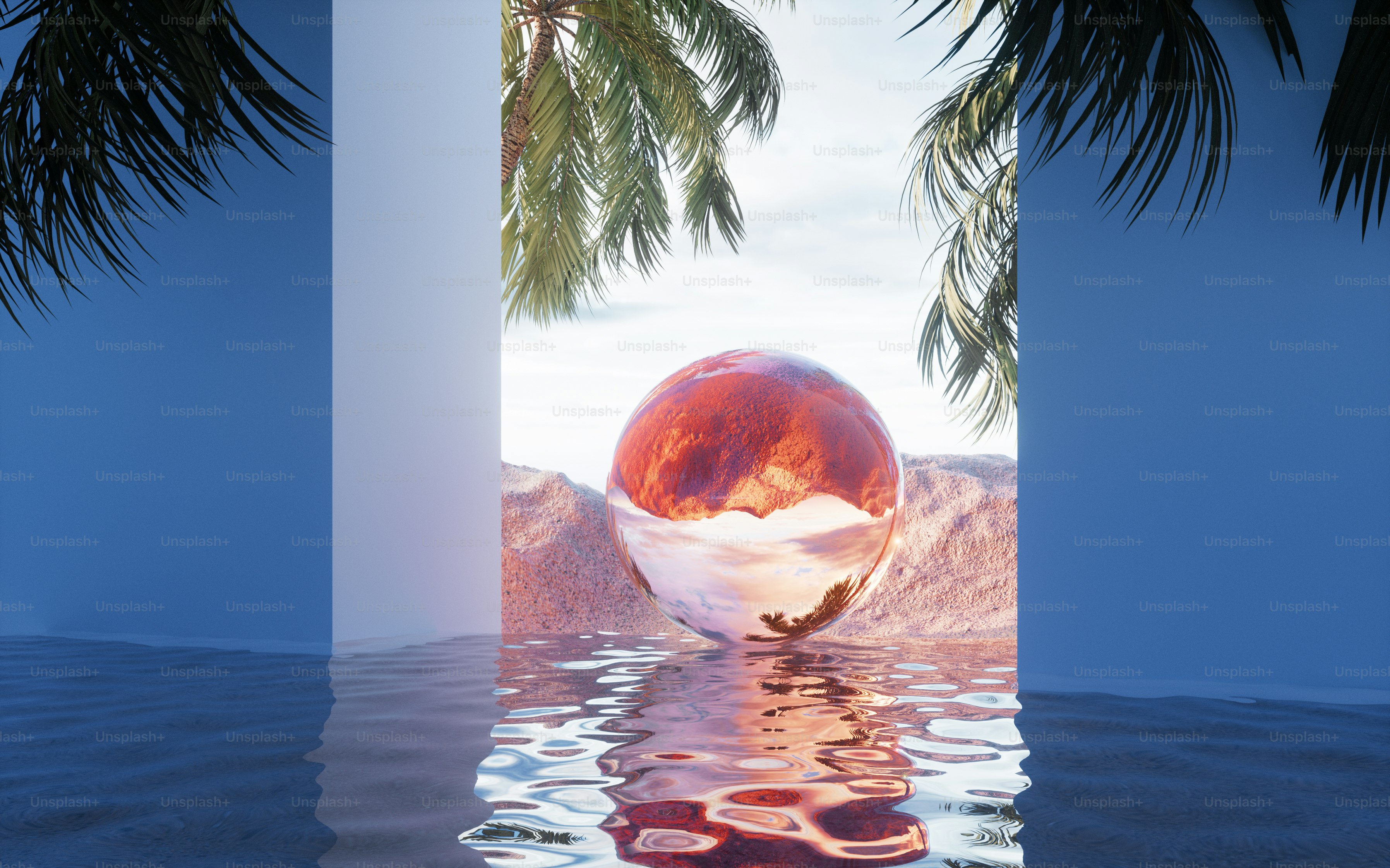 ガラスの球体が熱帯の風景を映し出しています。