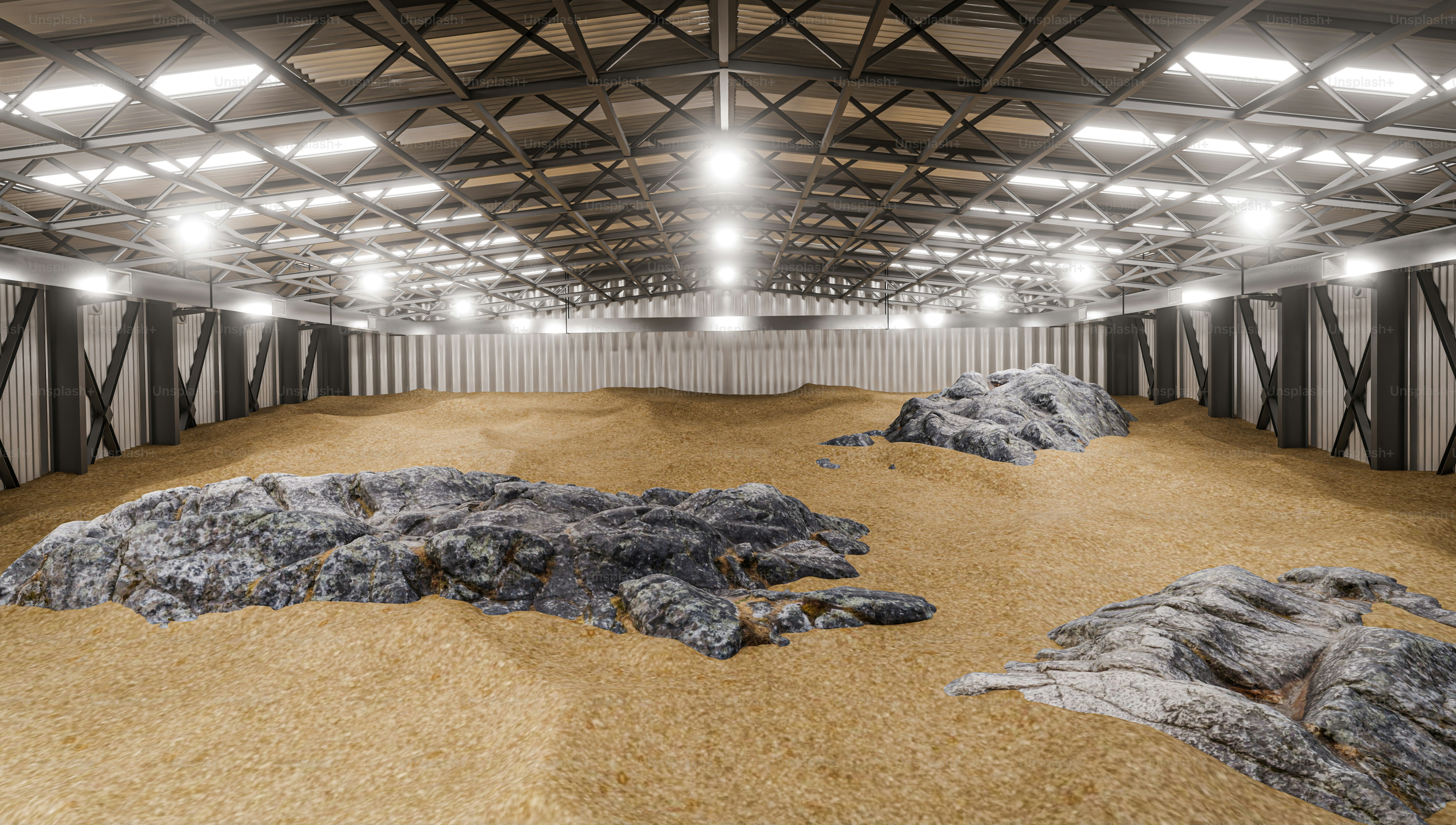 An empty warehouse filled with rocks and grain. photo – Indoor Image on ...