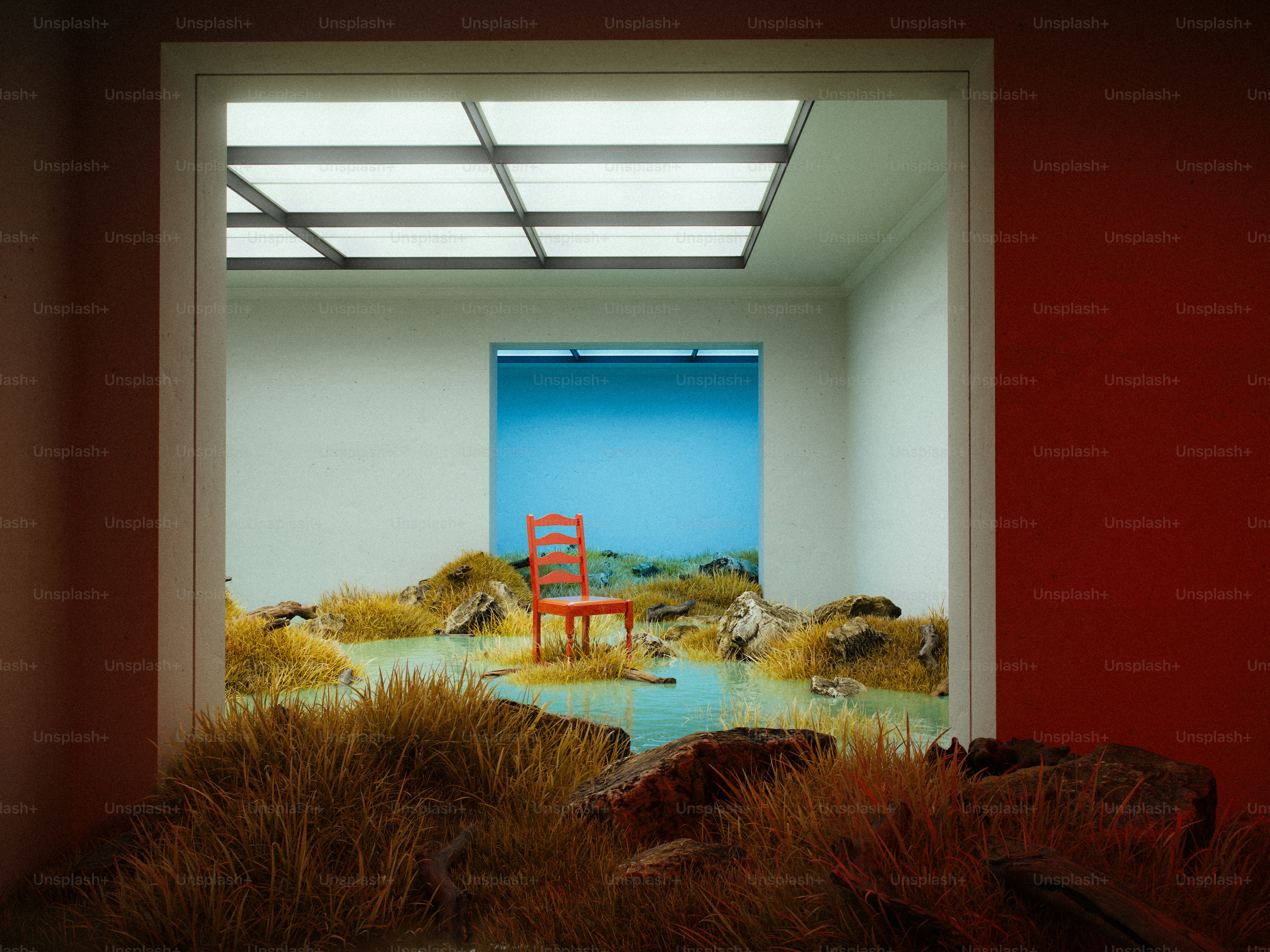 Ein roter Stuhl sitzt in einer surrealen Szenerie.