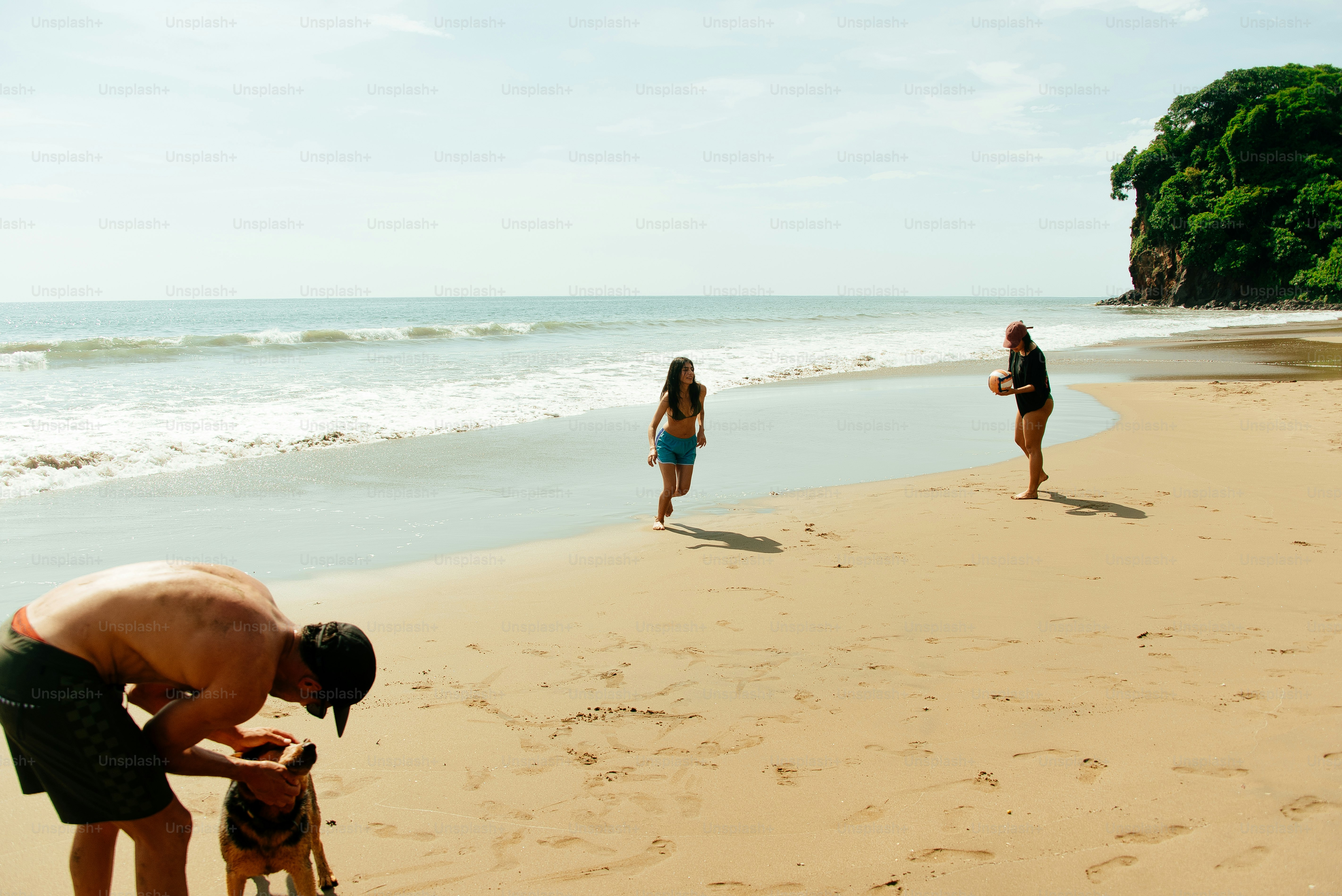 Pessoas e um cachorro desfrutam de um dia ensolarado na praia.