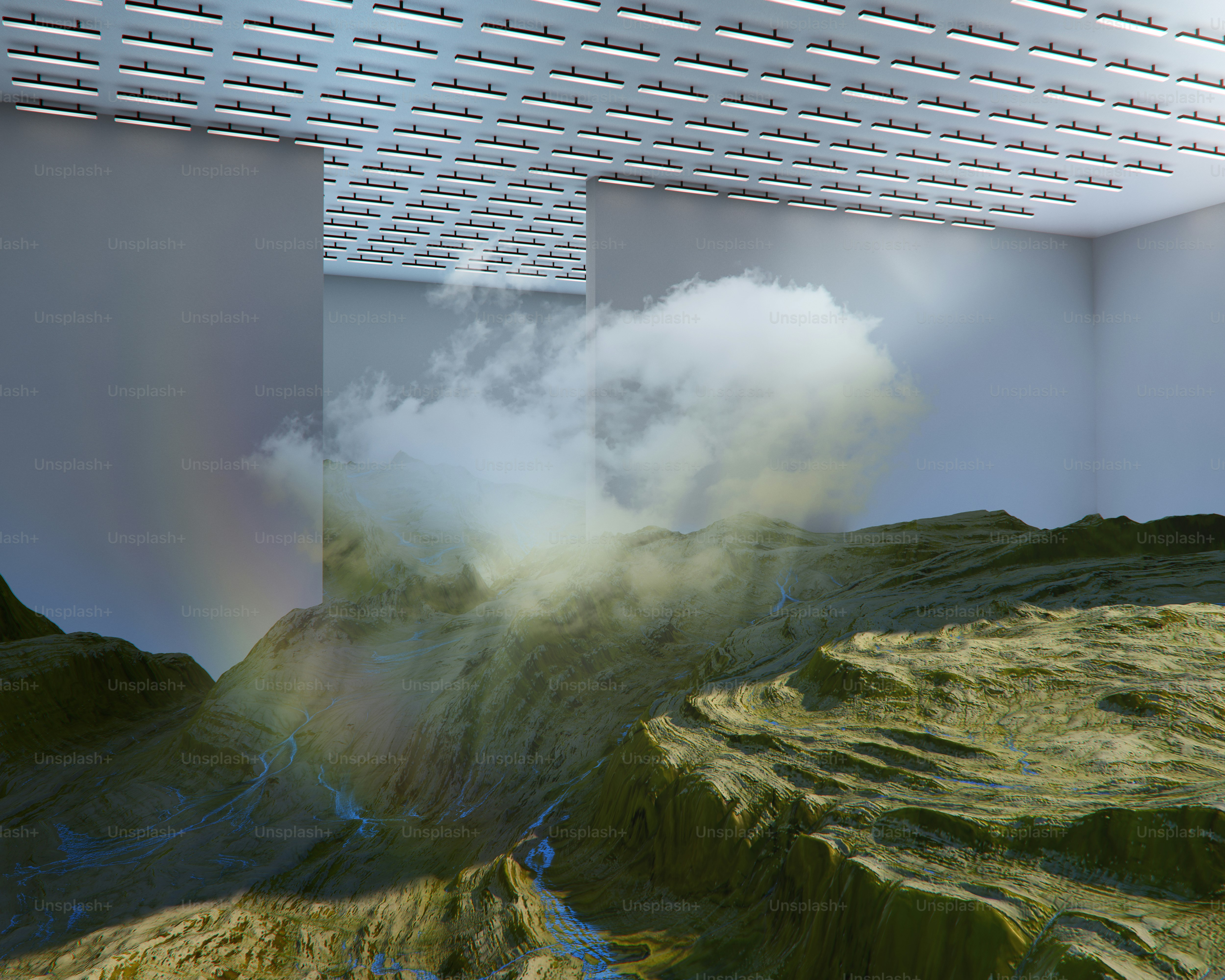 A cloud rests above a miniature landscape. photo – Indoor Image on Unsplash