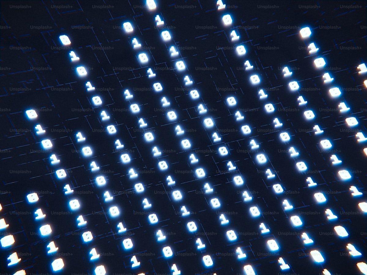 Digital binary code flowing downwards on a dark screen, software-craft register