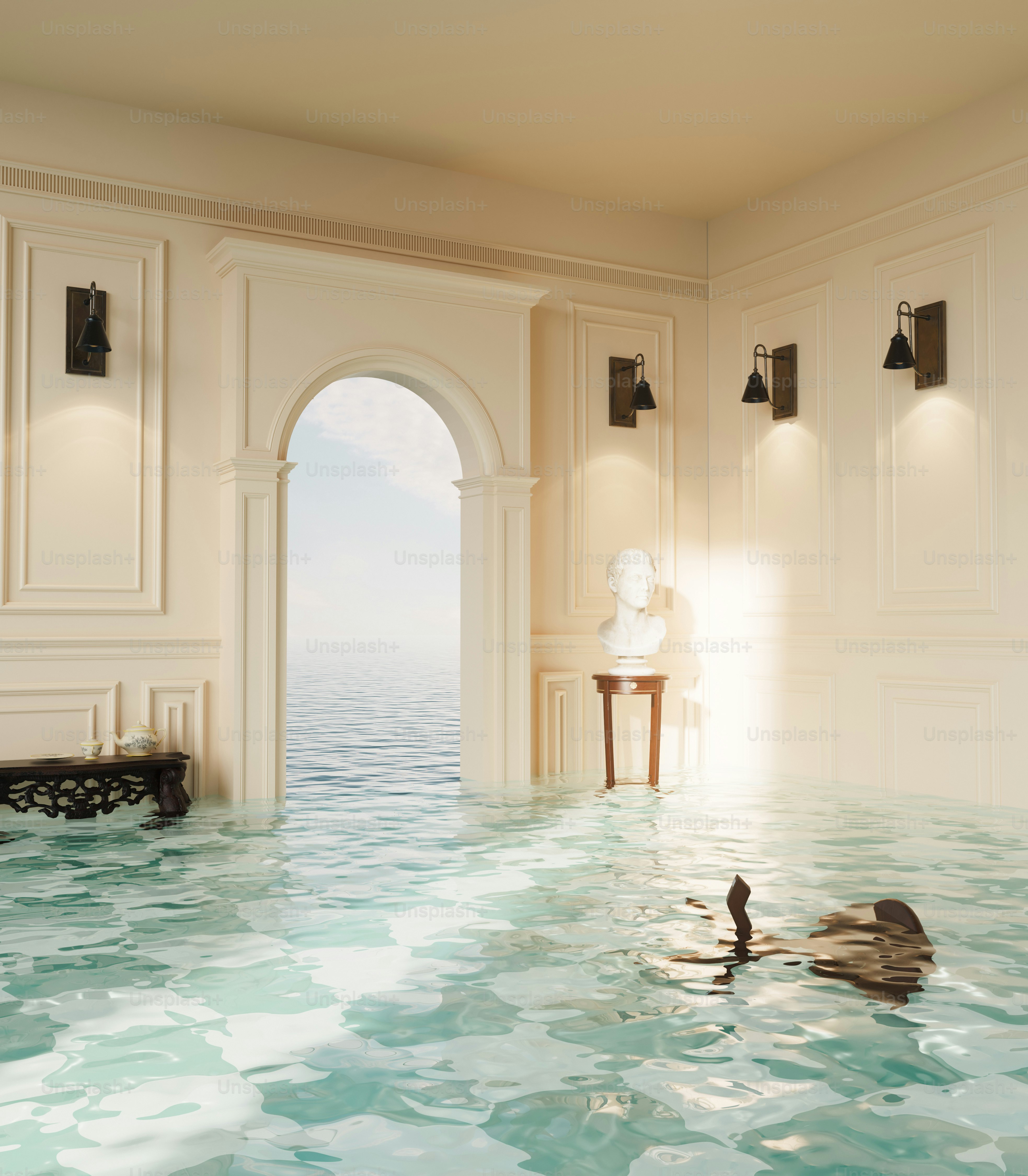Water has flooded a classical room with a statue.