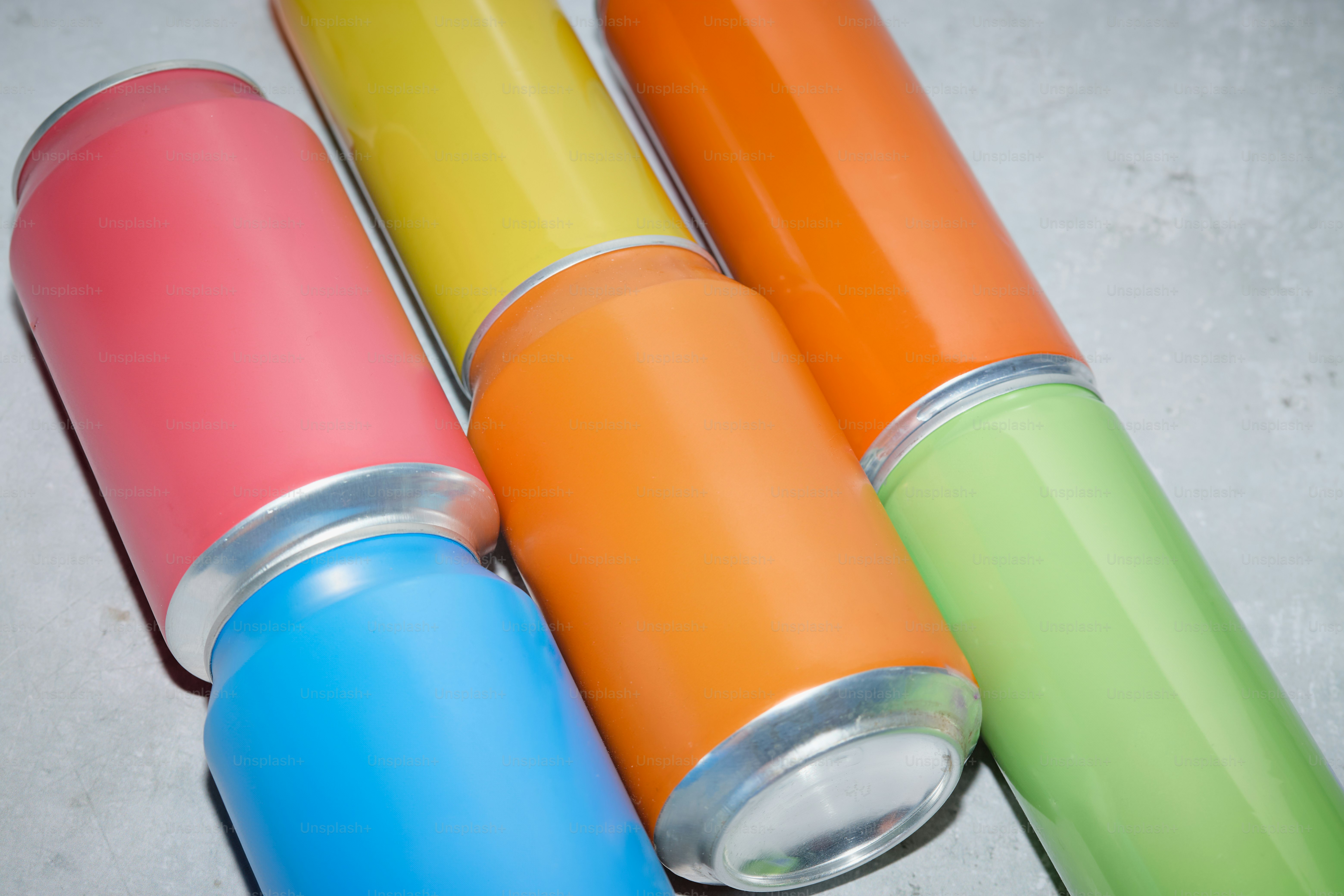 Colorful cans are shown.
