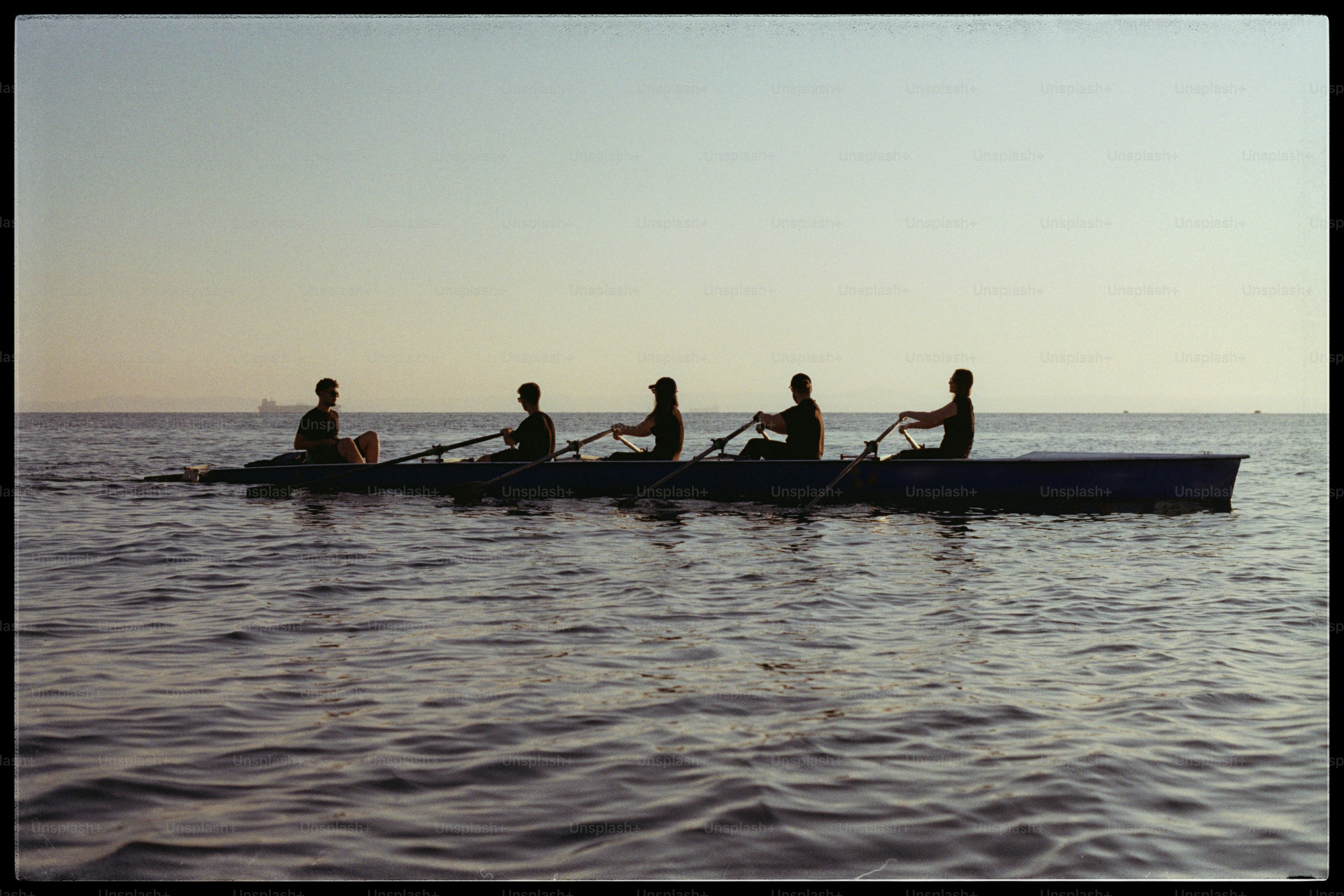 Rowing team silhouetted on calm water