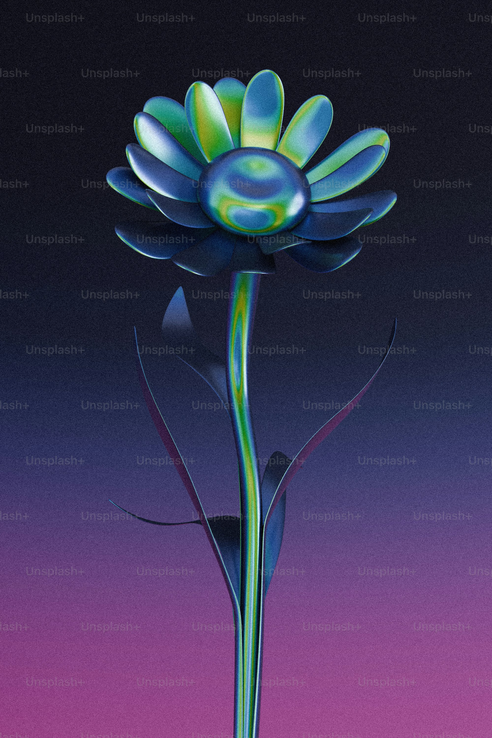 Un fiore lucido e iridescente sboccia contro una sfumatura.