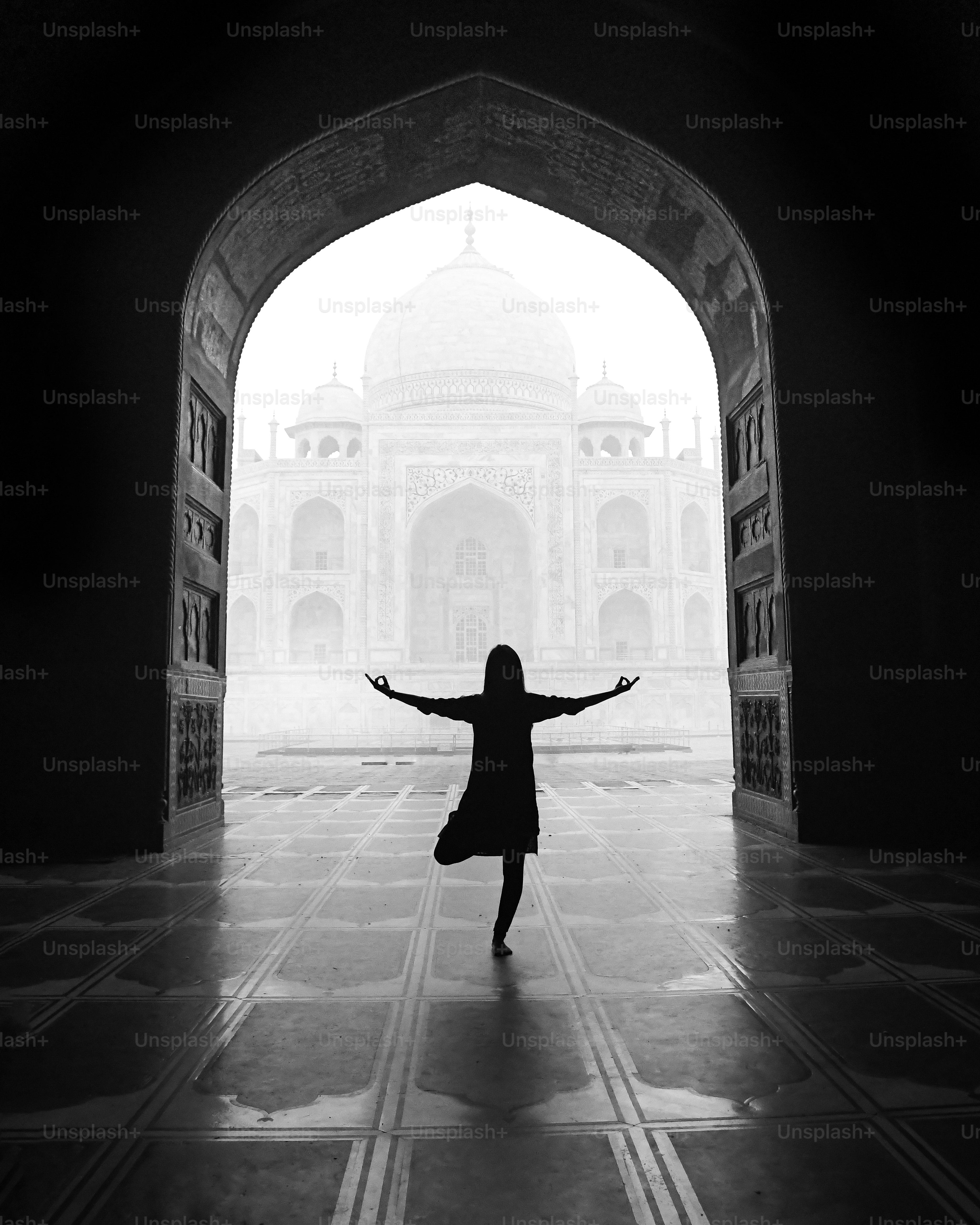 Una silueta posa ante el taj mahal.