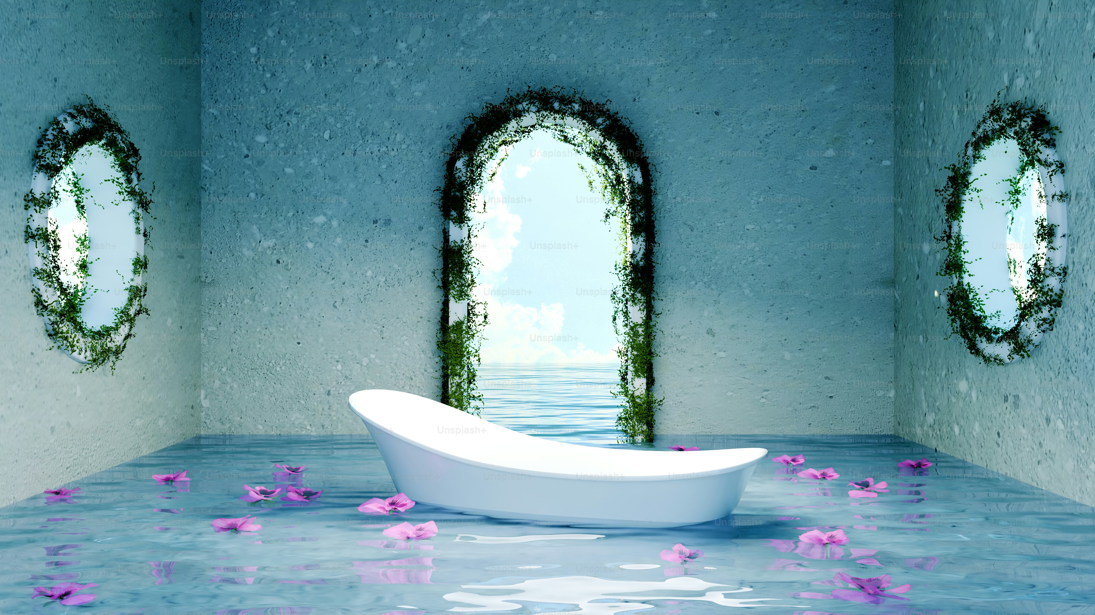A bathtub is inside a light-filled room