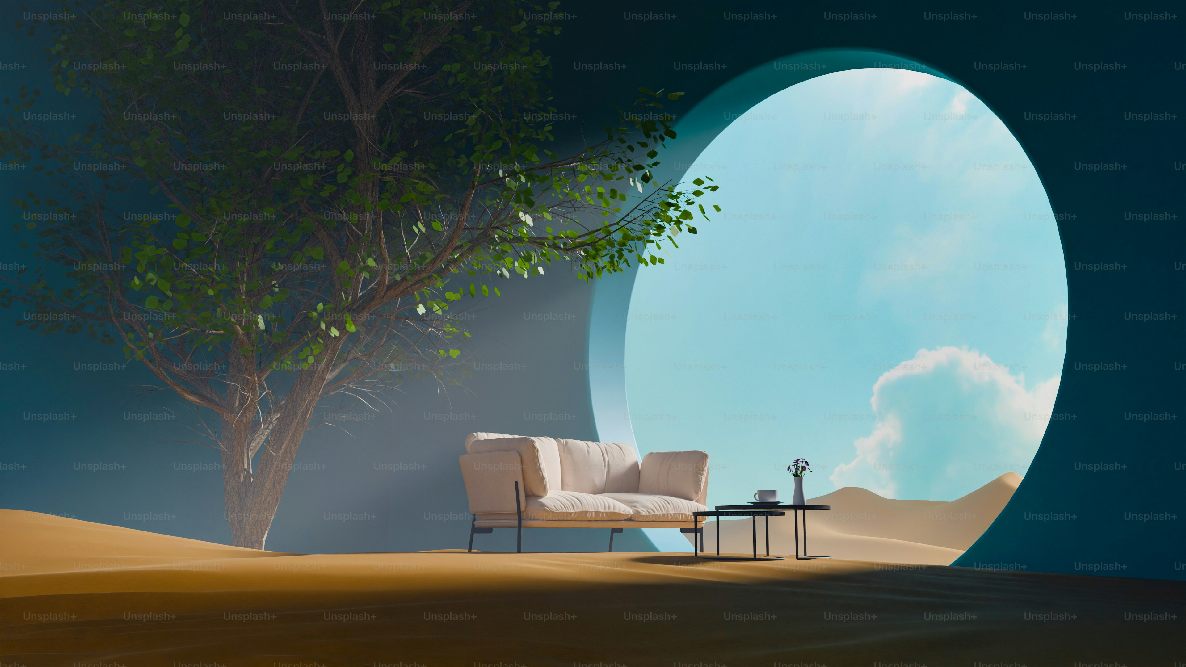 Sofa dan jendela di pemandangan gurun.