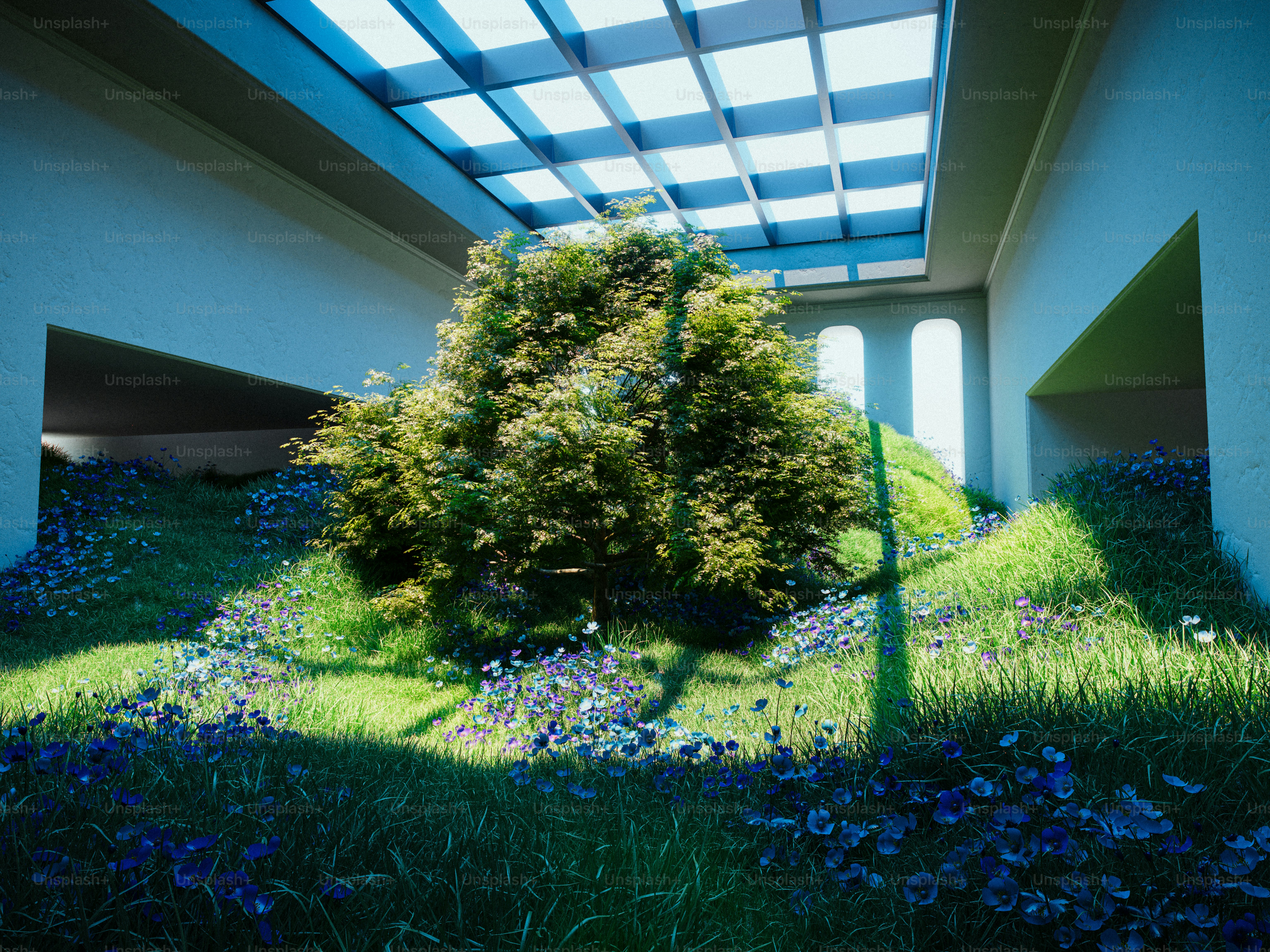 A tree grows inside a modern, earthy structure. photo – Wallpaper Image ...