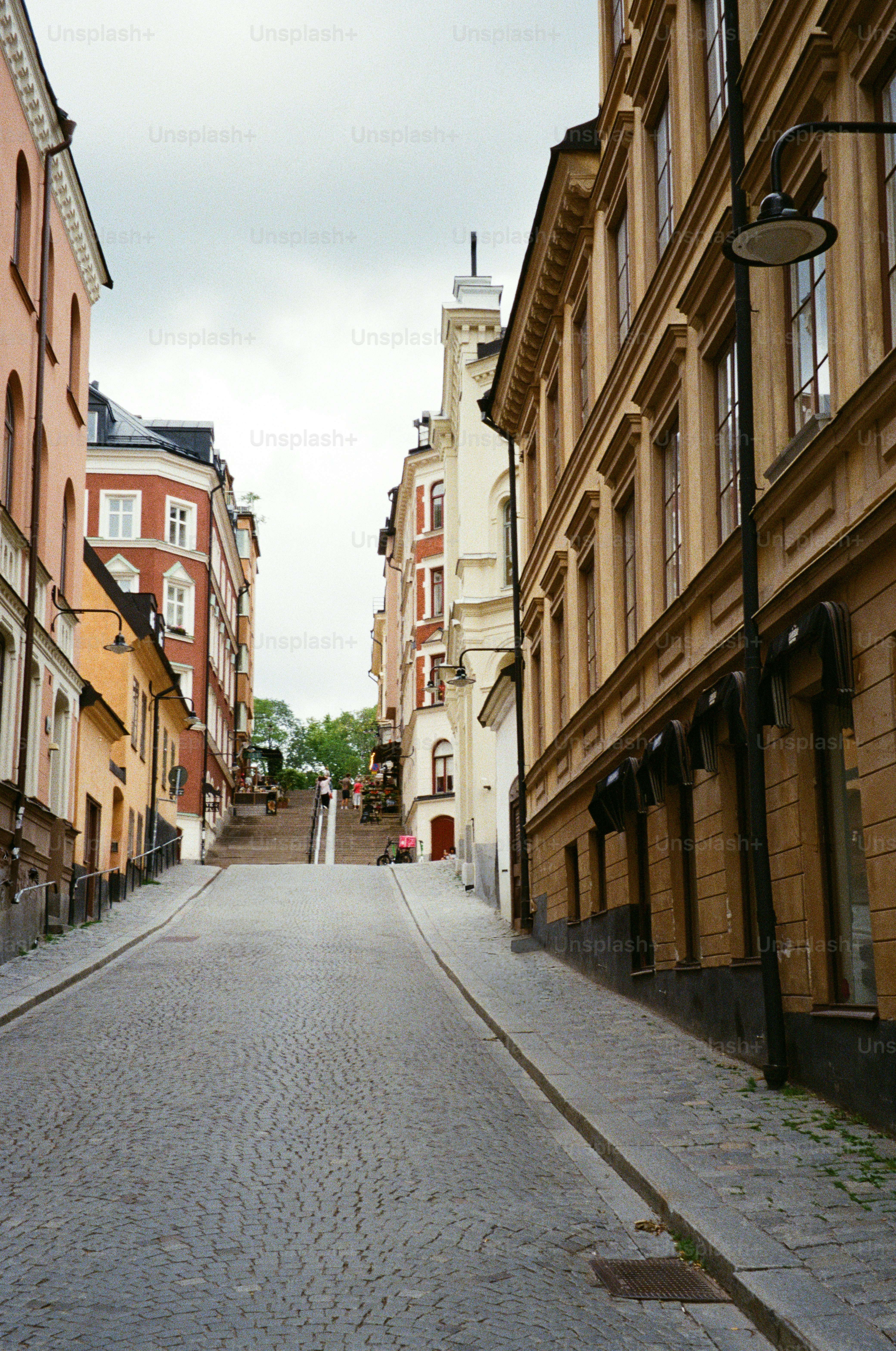 Cobblestone street in a european cityscape.