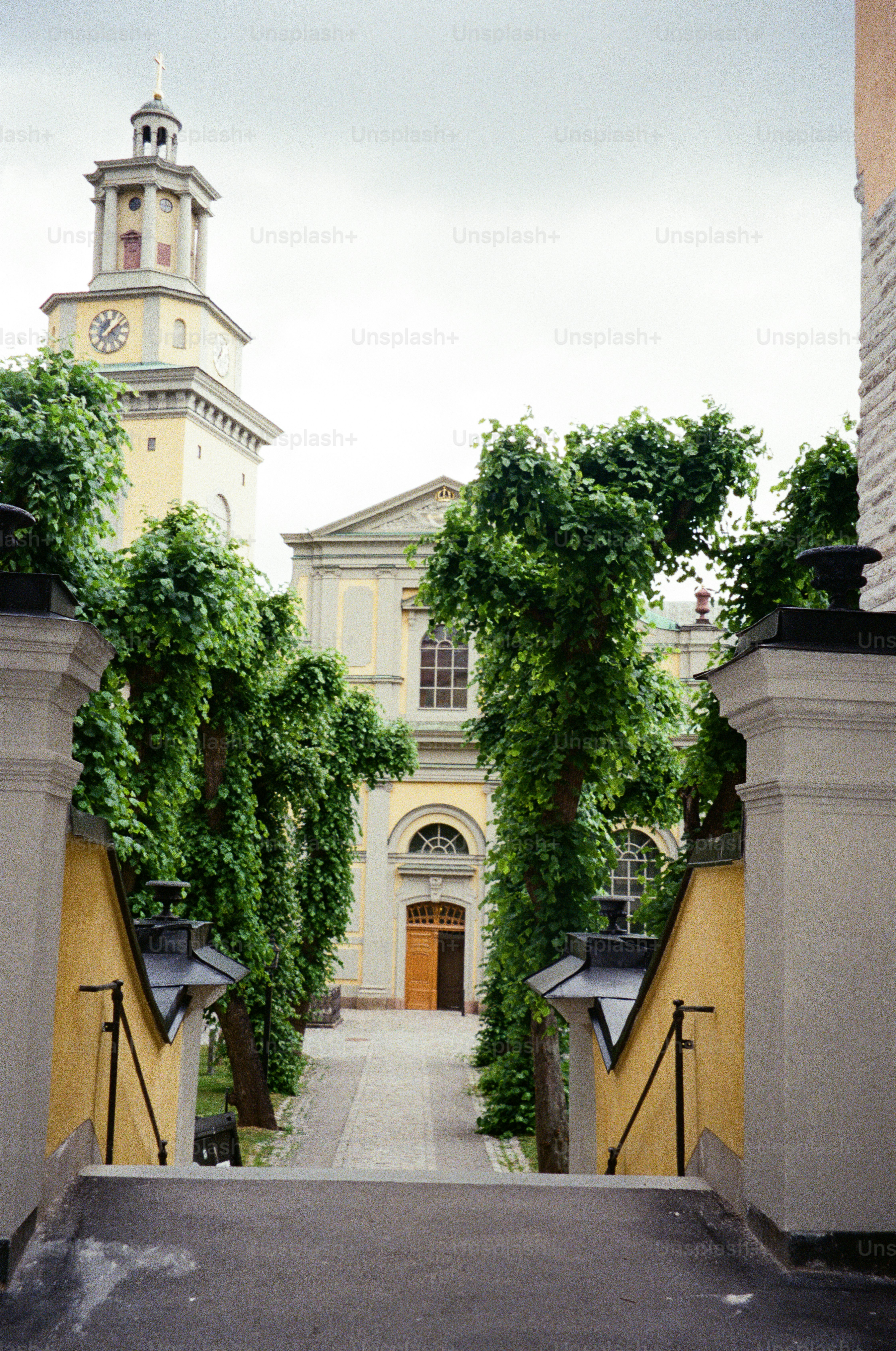 A pathway leads to a building with a clocktower.