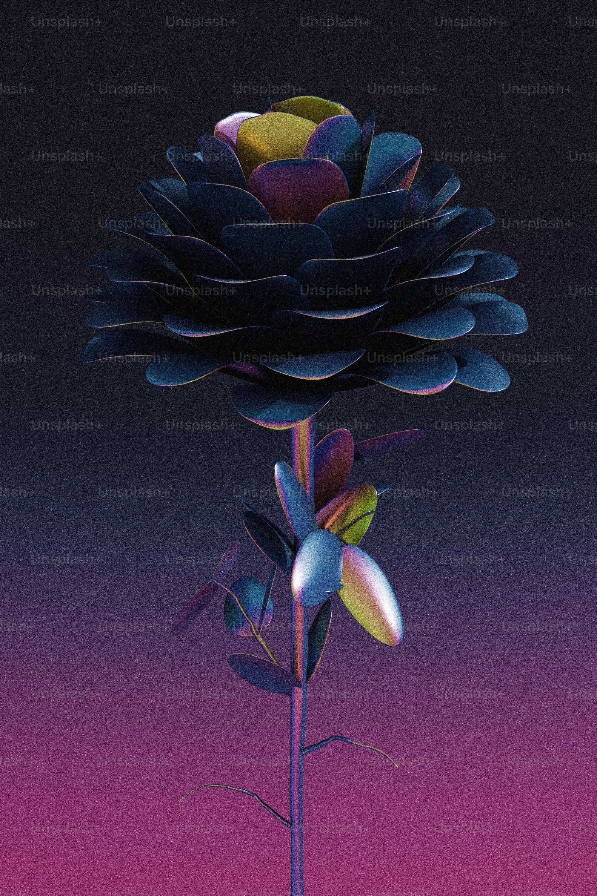 A metallic flower stands on a gradient background.