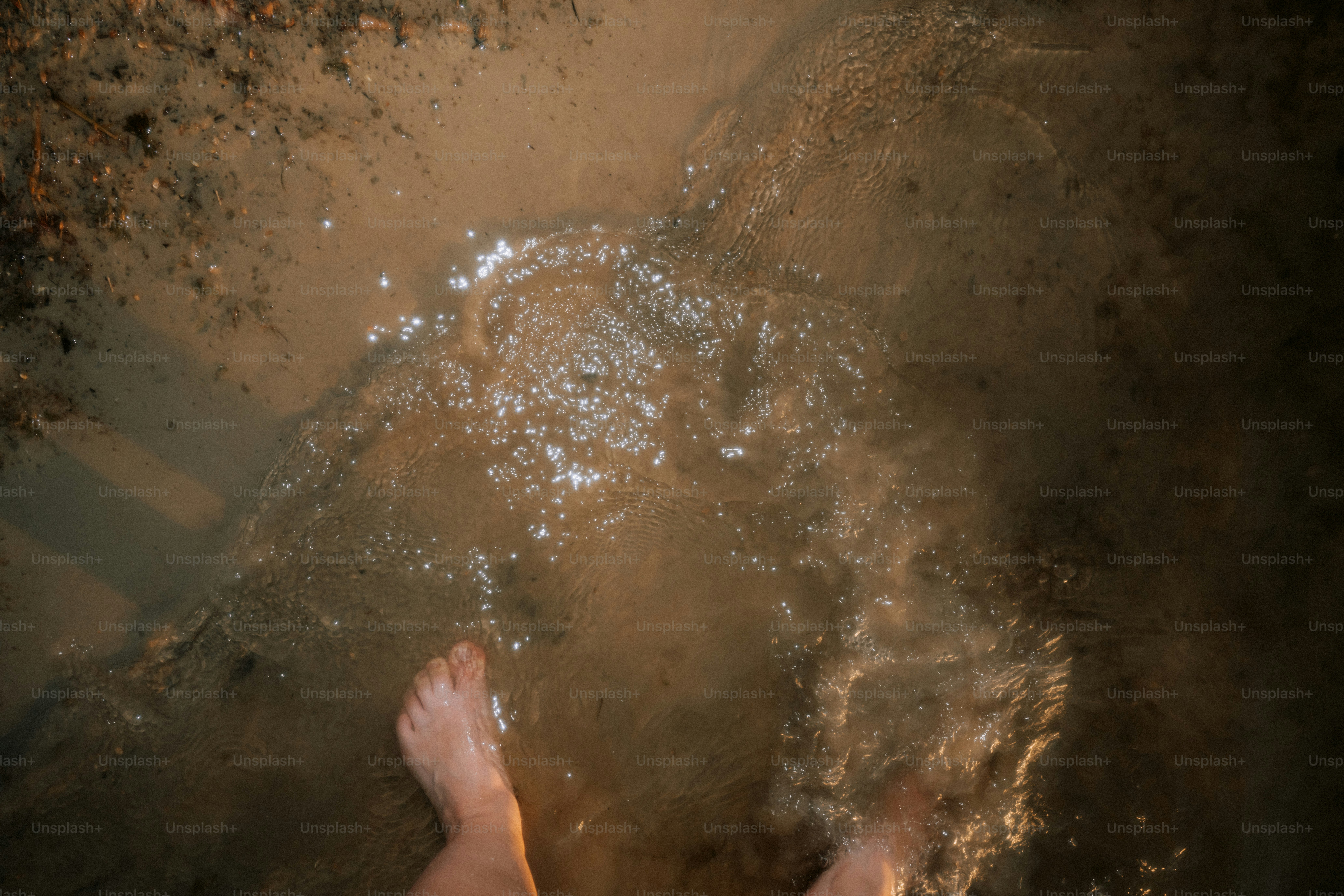 Bare feet stand in muddy water.