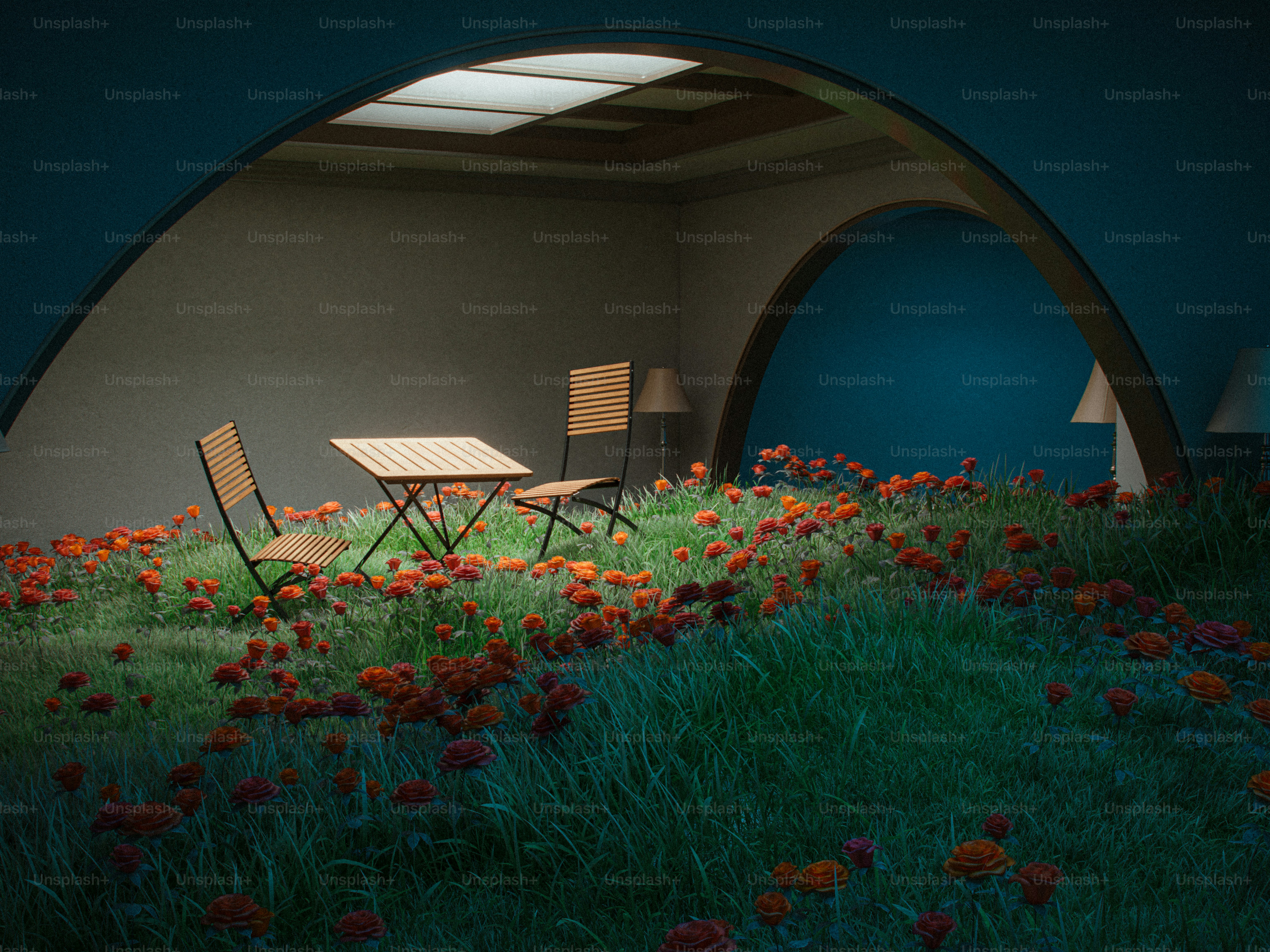 A surreal outdoor scene is inside an archway.