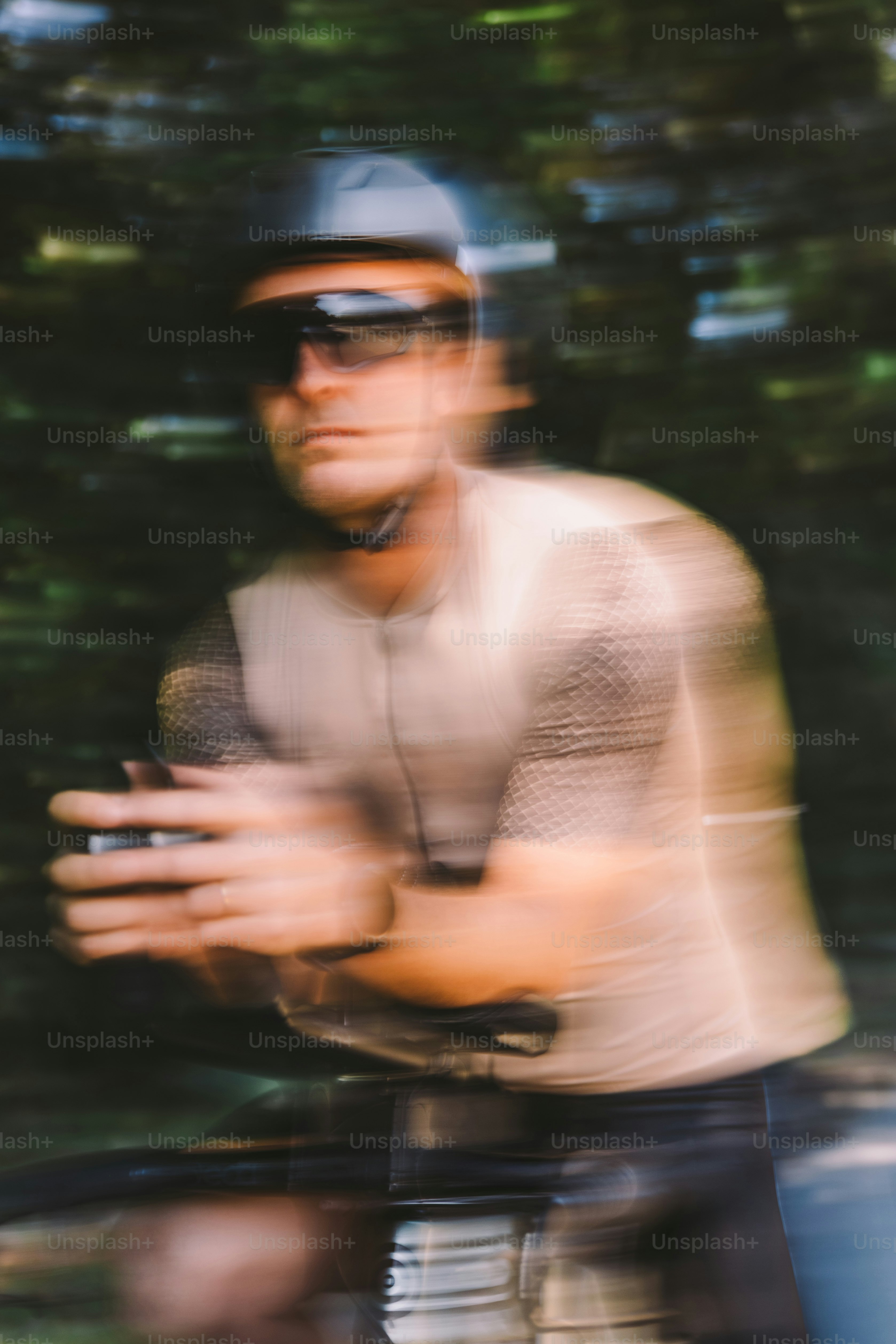 Cyclist in motion on a bike.