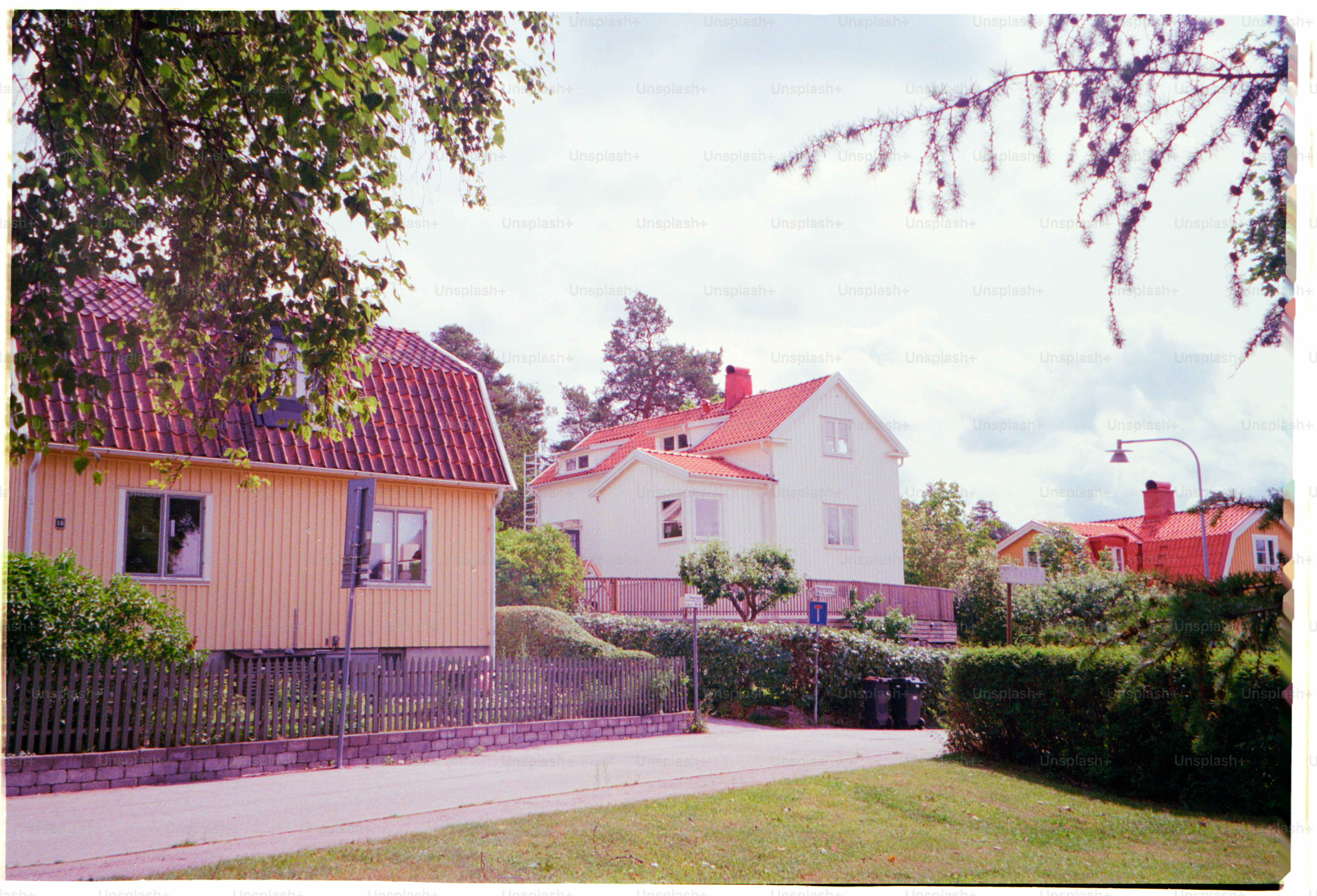 Houses sit along a road surrounded by greenery.
