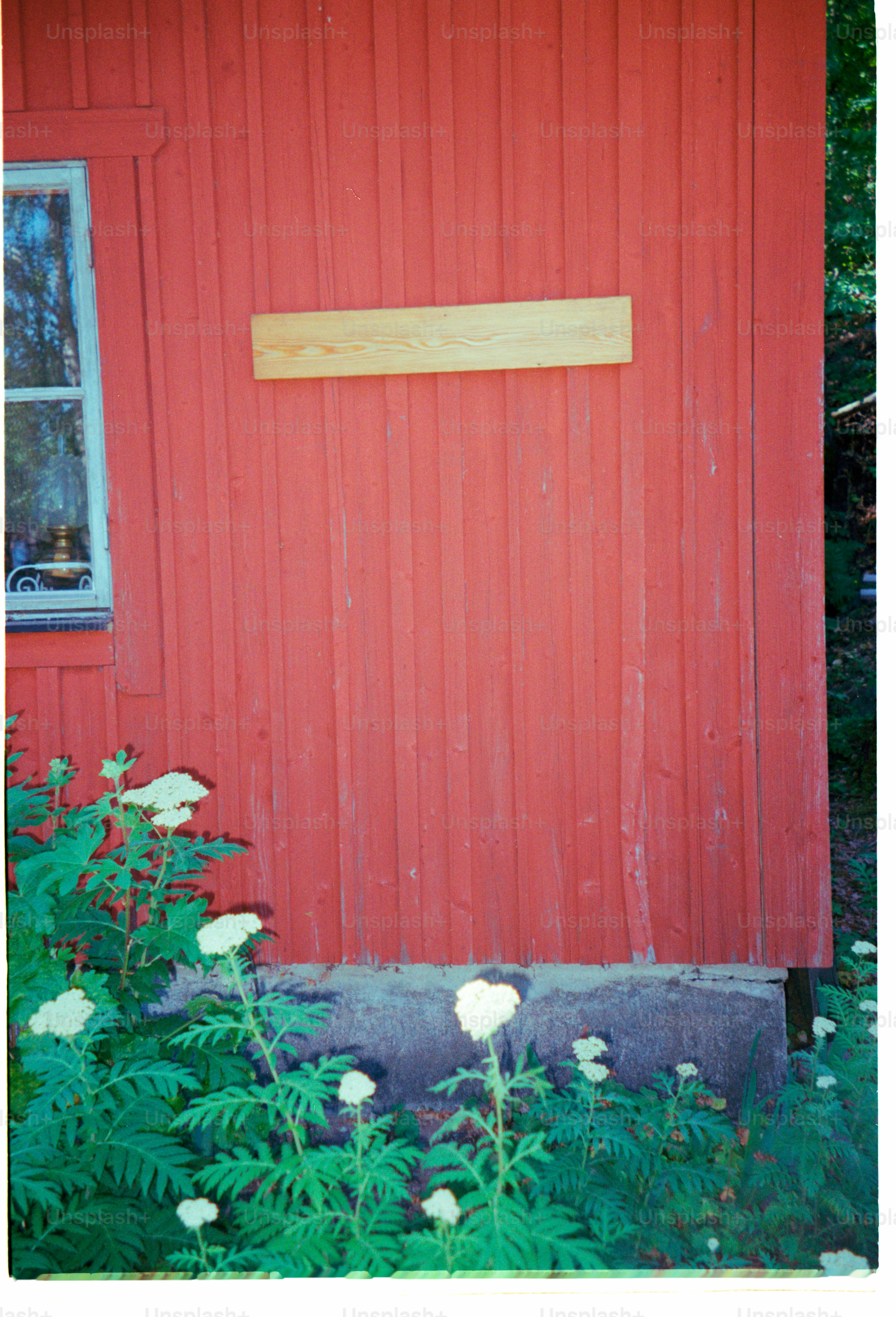 Red house wall with flowers in front.