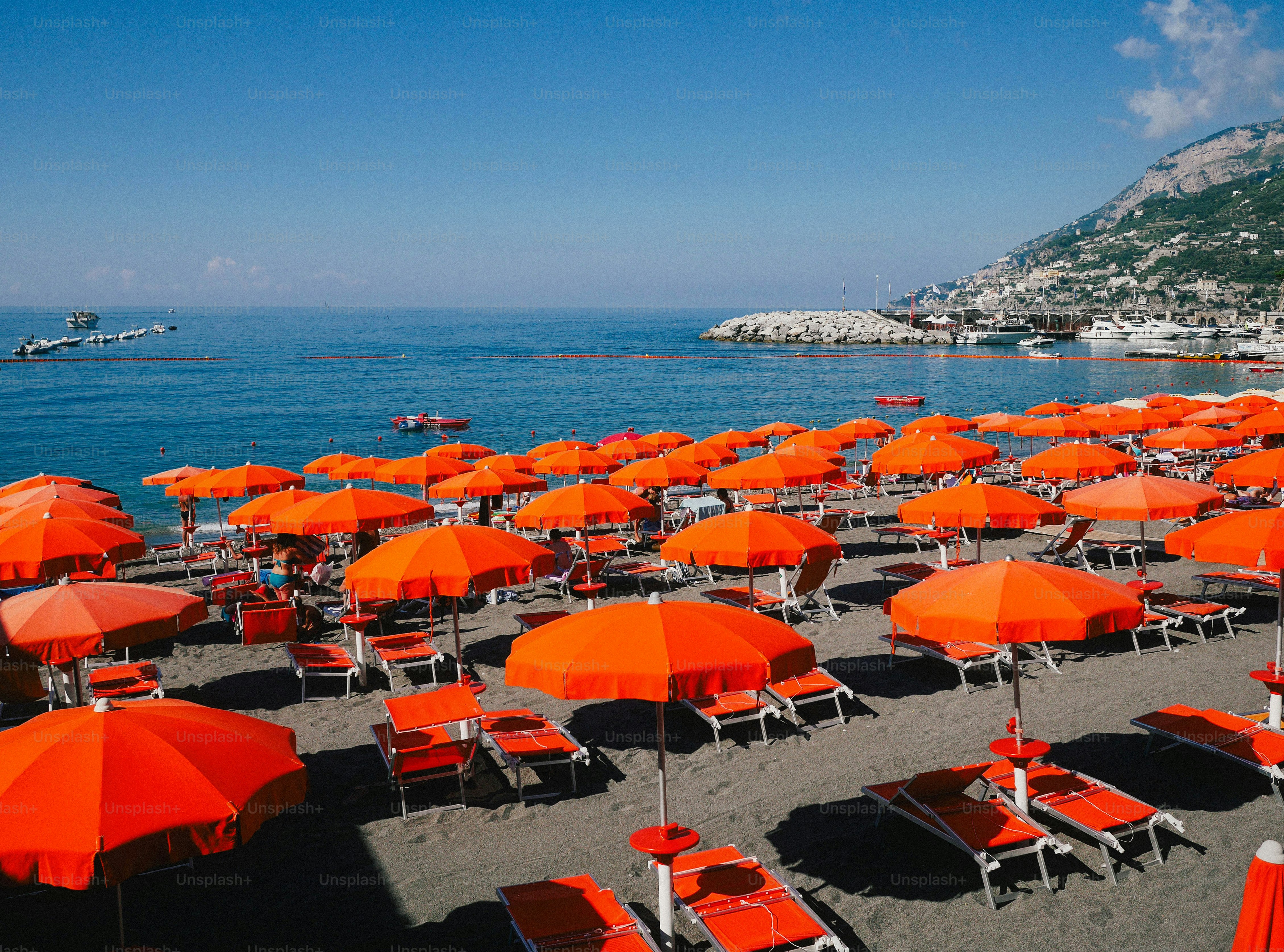 Beach umbrellas dot a sunny seaside shore.