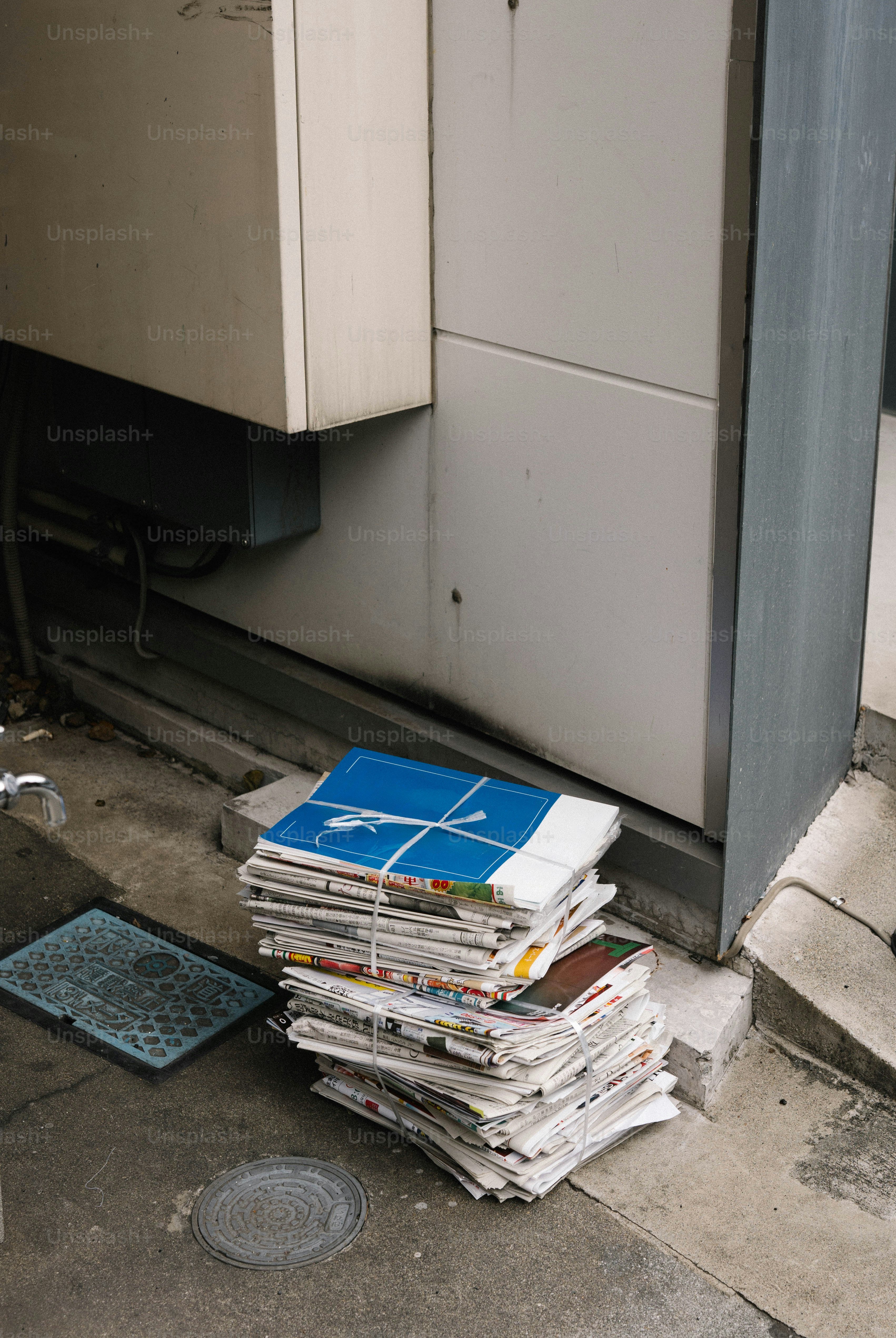 A pile of newspapers sits on the sidewalk.