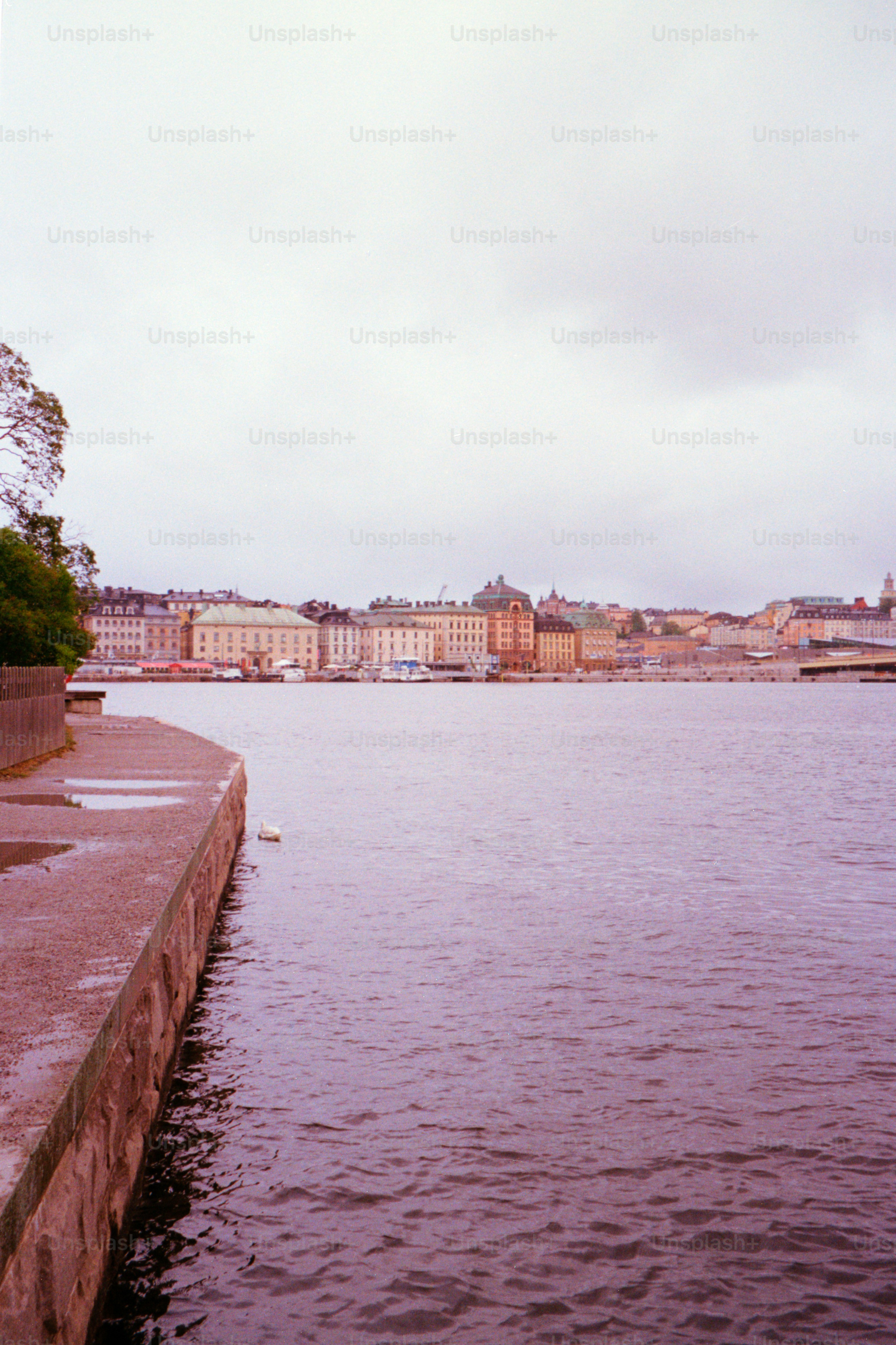 Buildings line the shore of a calm, gray water.