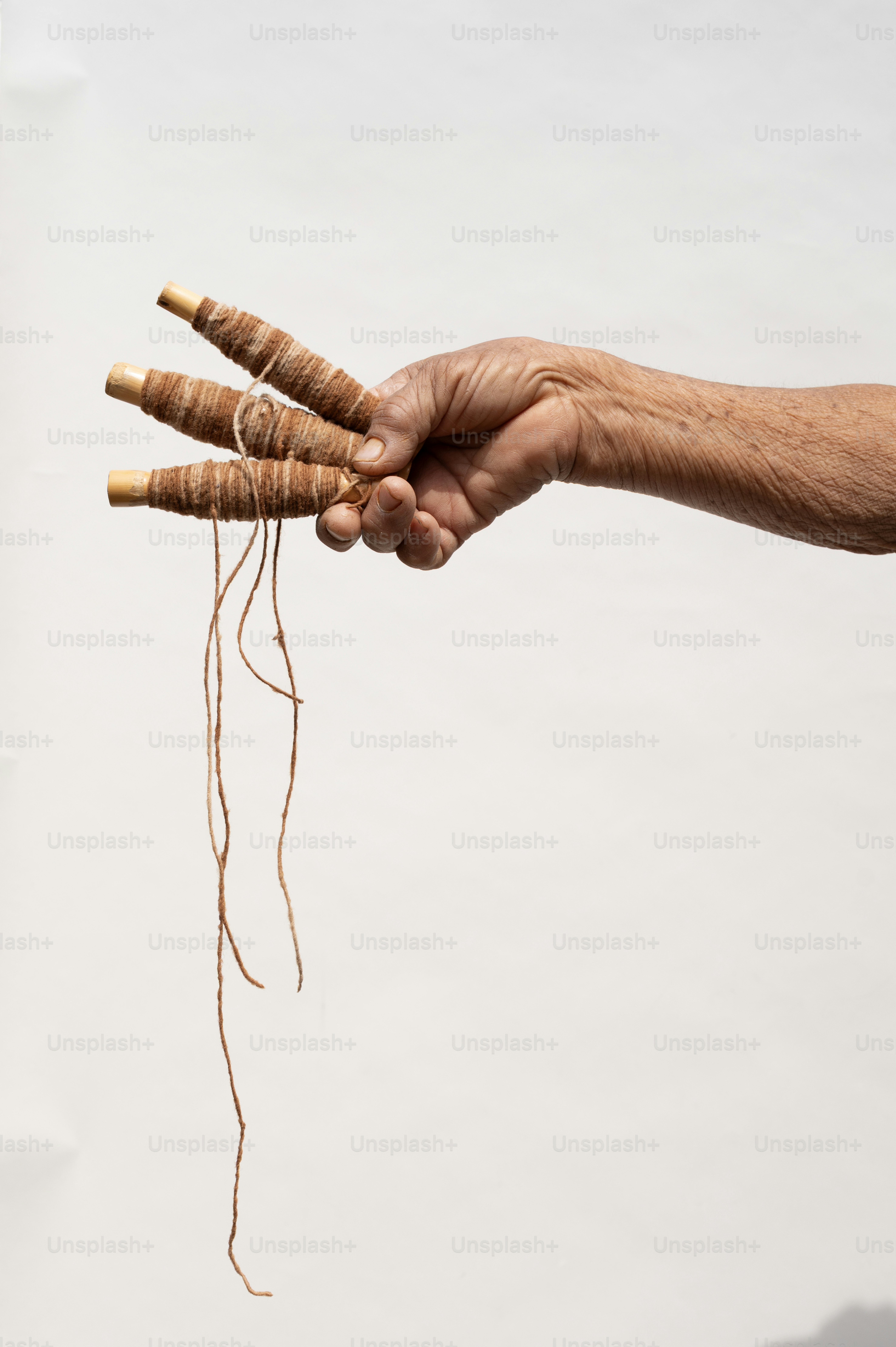 白い背景に糸巻きを手に持つ。