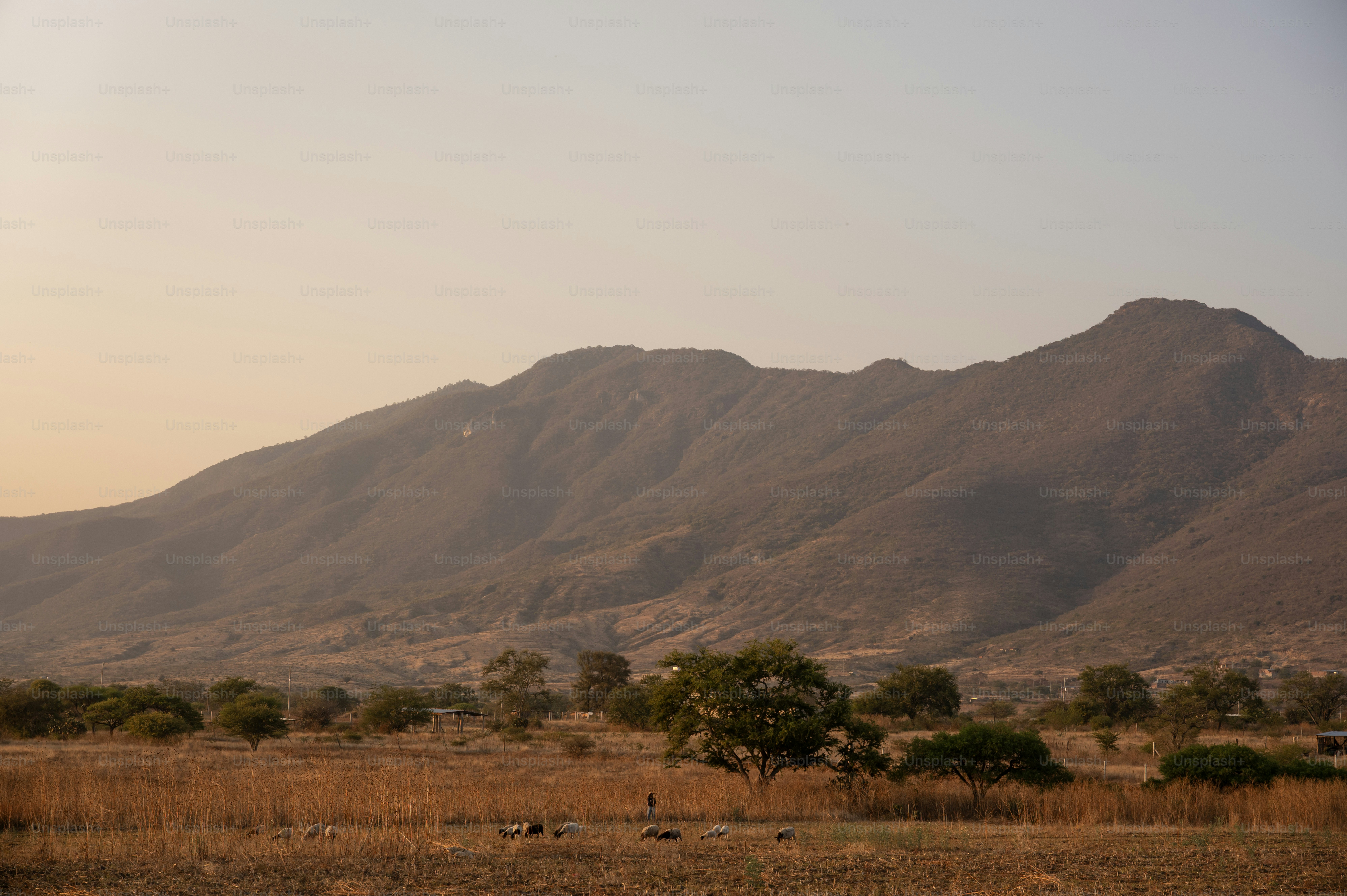 A mountainous landscape under a dusky sky.