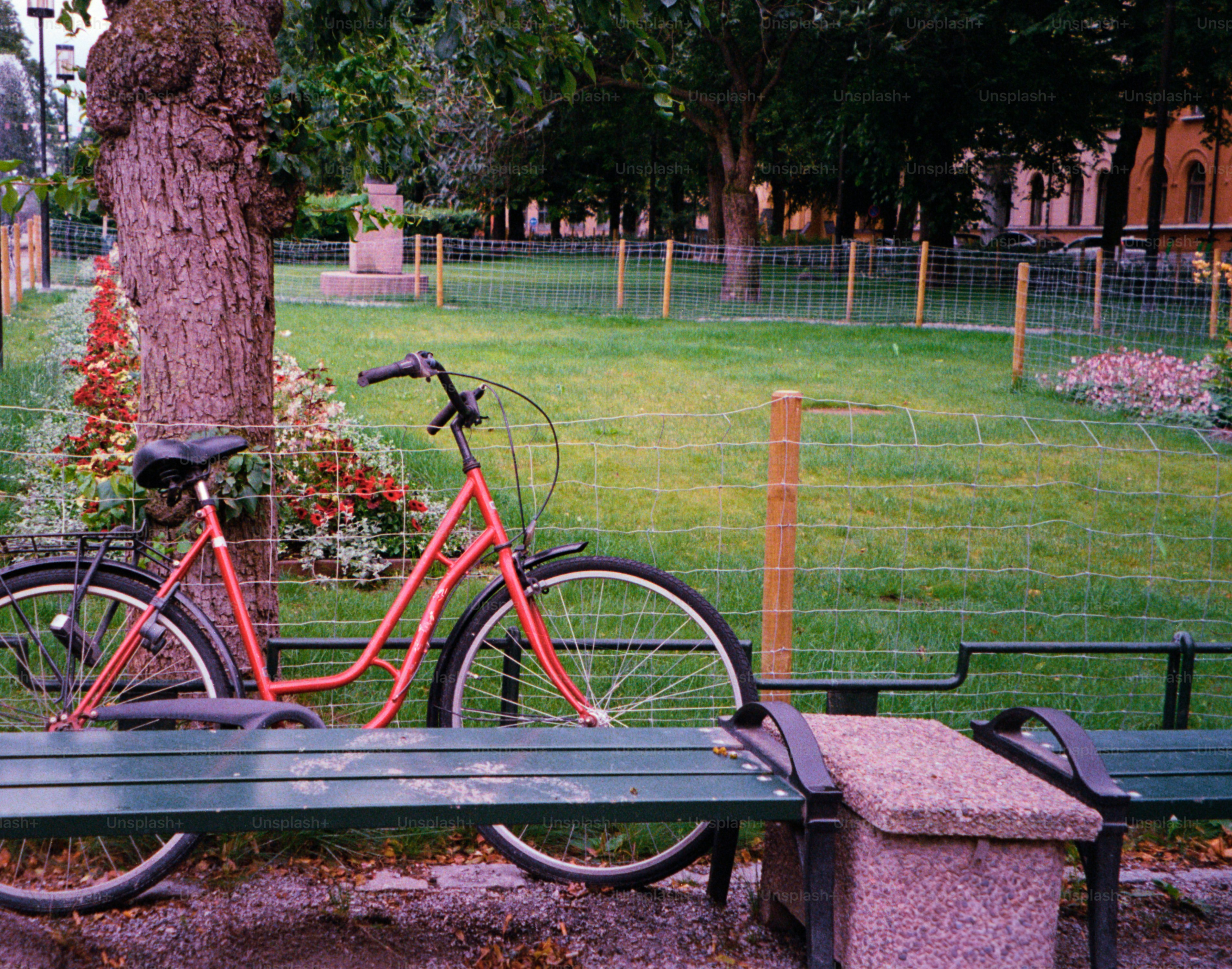 A red bicycle sits parked near a bench.