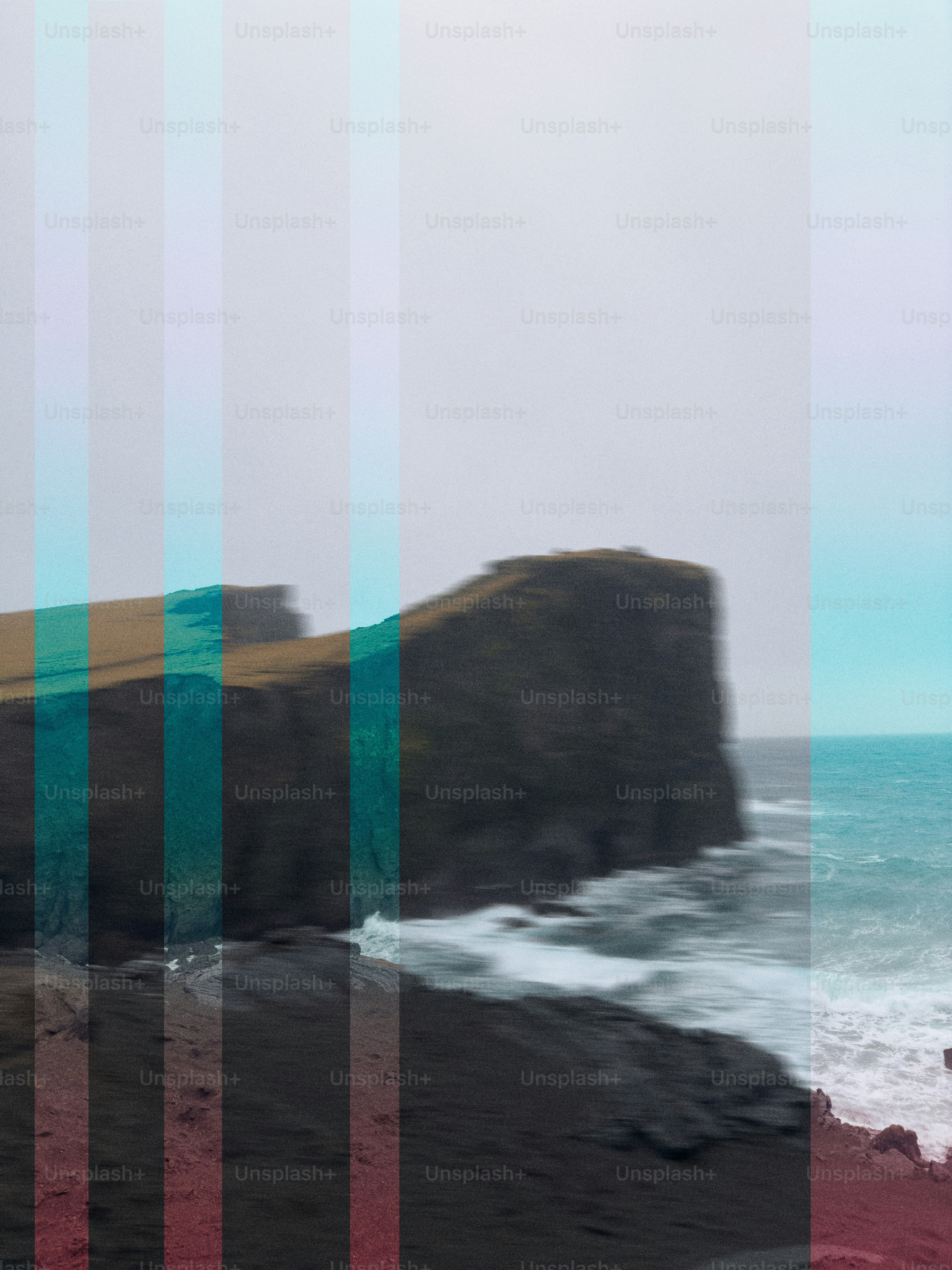 Cliffs and ocean with color bars overlayed.