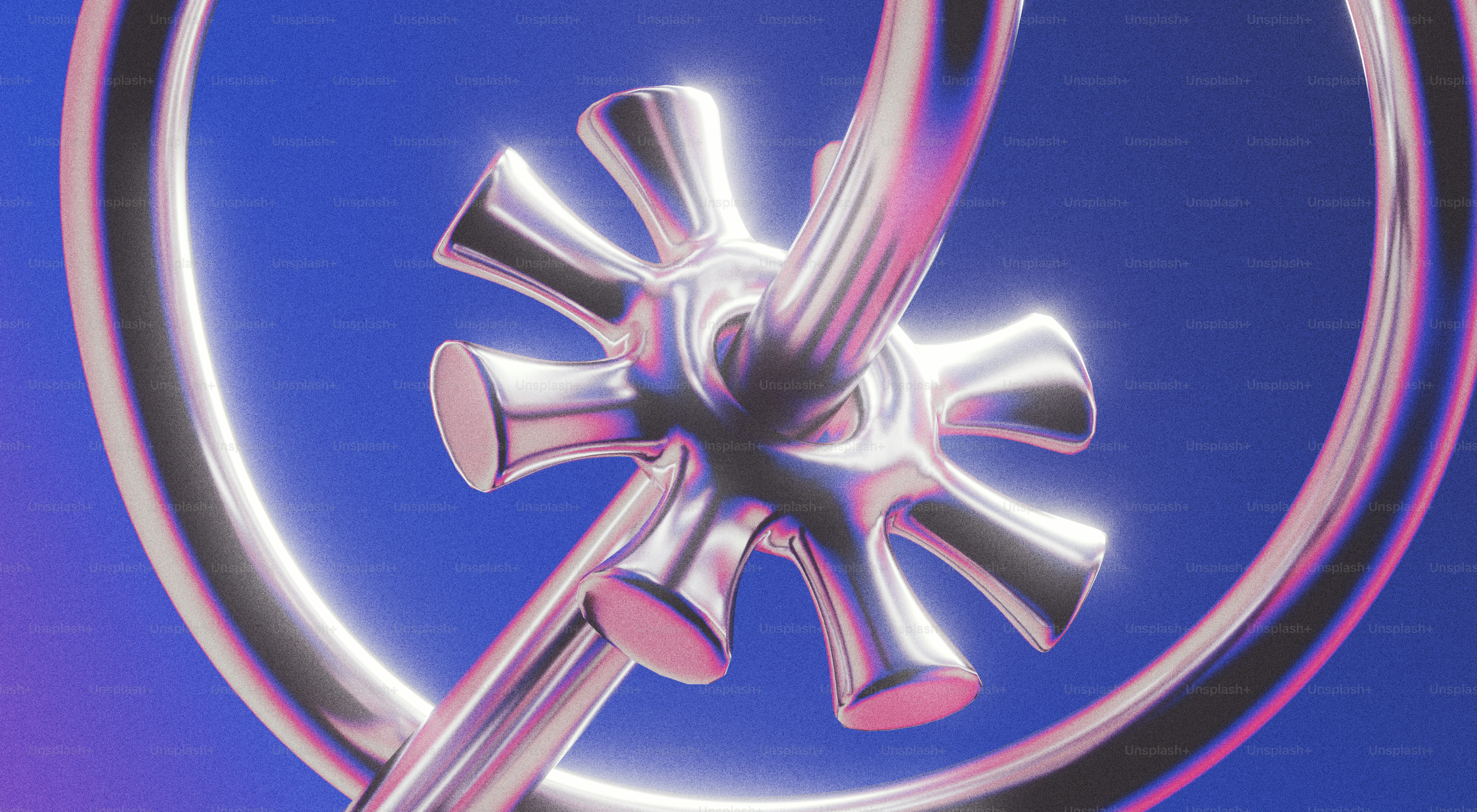 Shiny silver object with blue and purple gradients.