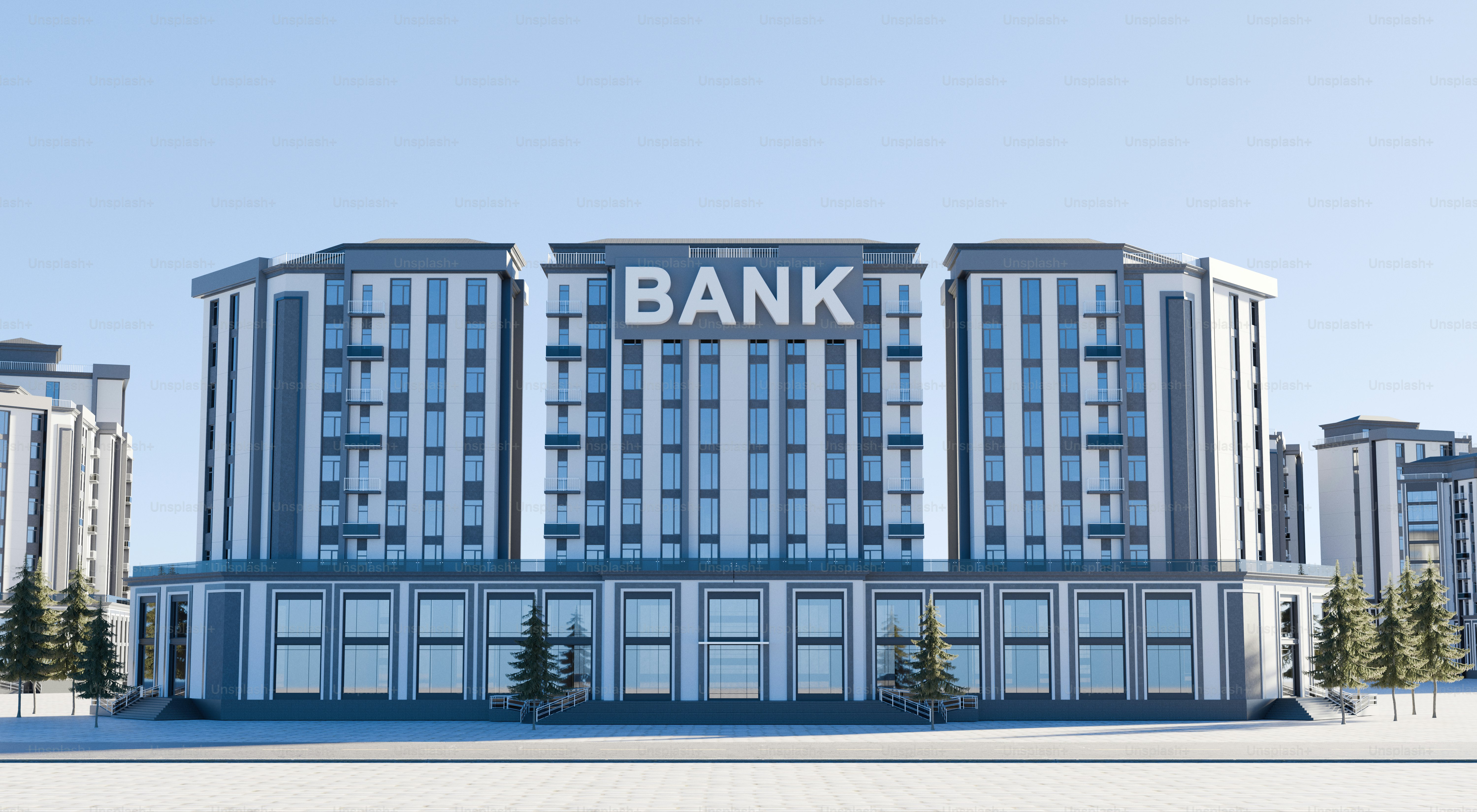 A modern bank building stands proudly