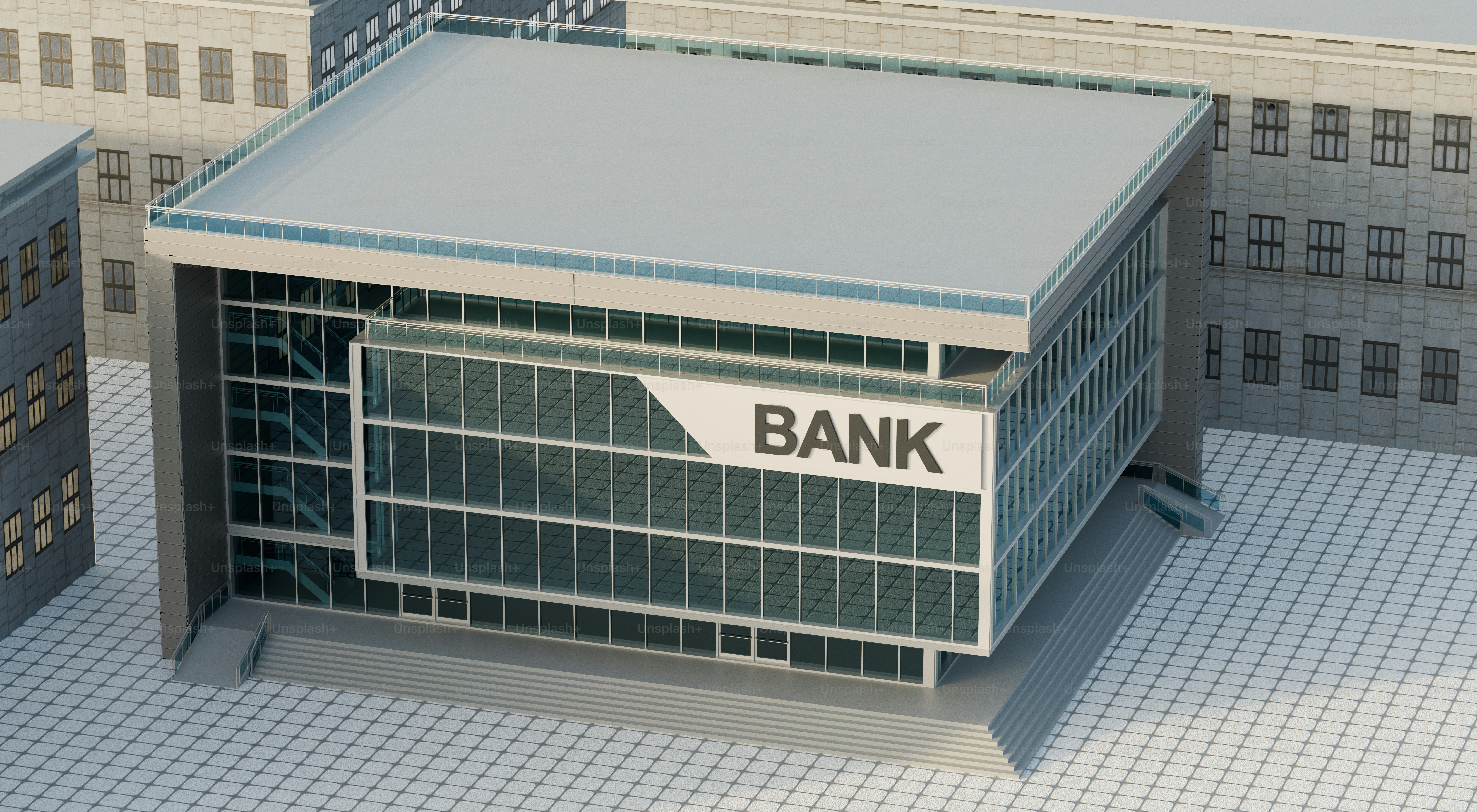 A large bank building stands prominently. photo – Building Image on ...