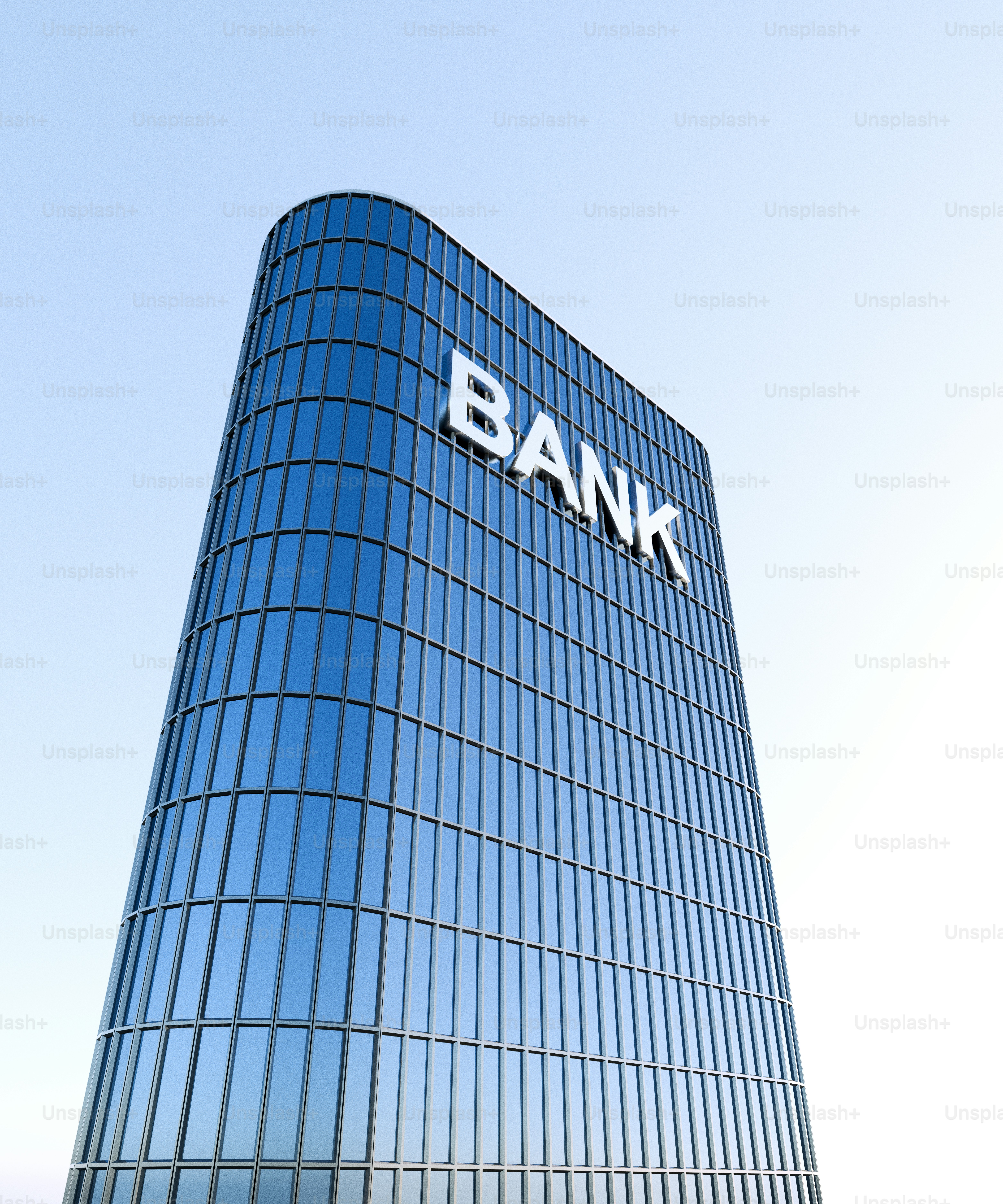 A modern, blue skyscraper displays "bank".