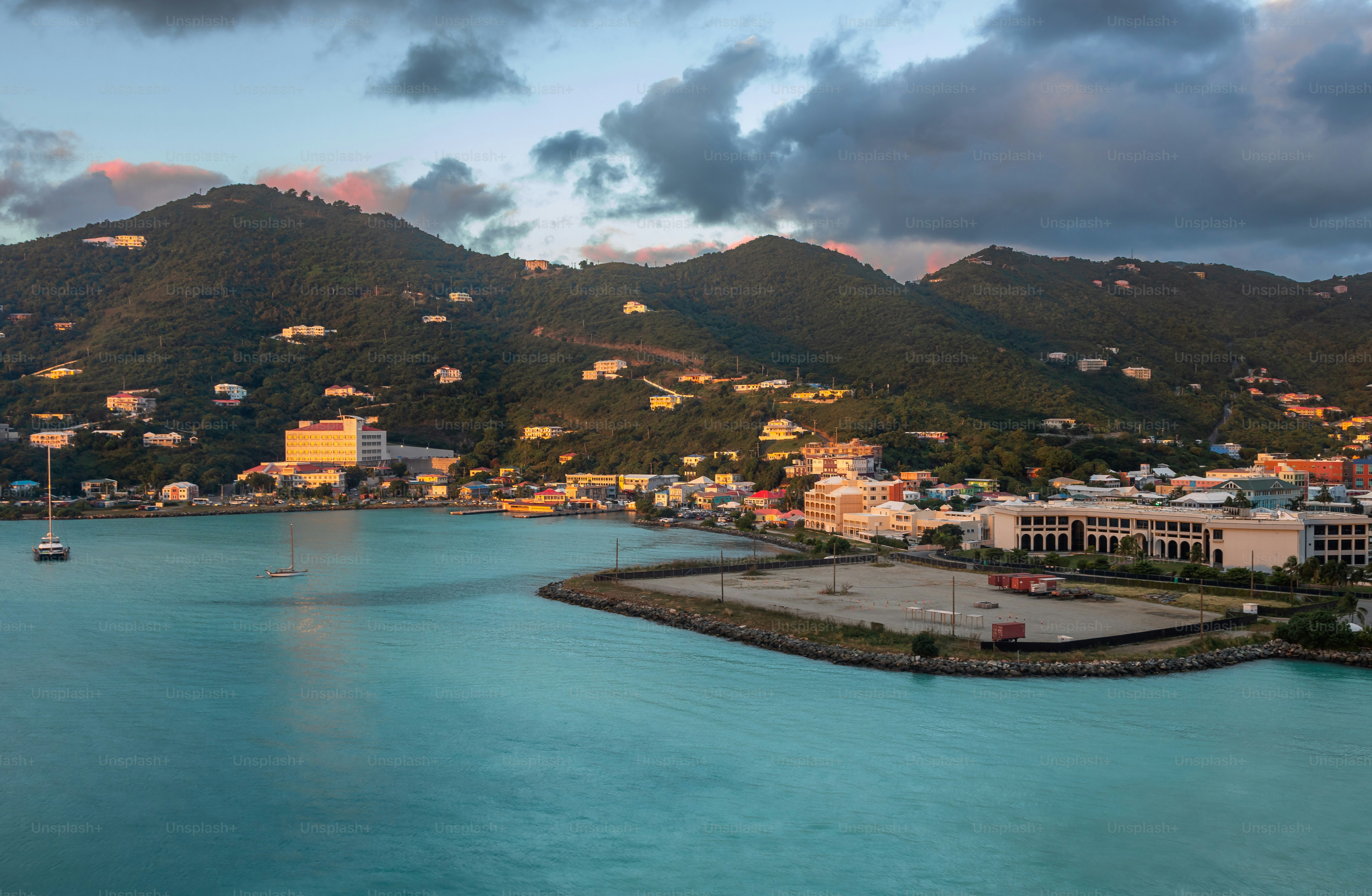 Exposure done at sunrise of Road Town, capital city of Tortola, Baughers Bay and the surroundings and its magnificent water color, while arriving at the Island by Cruise Ship, British Virgin Islands