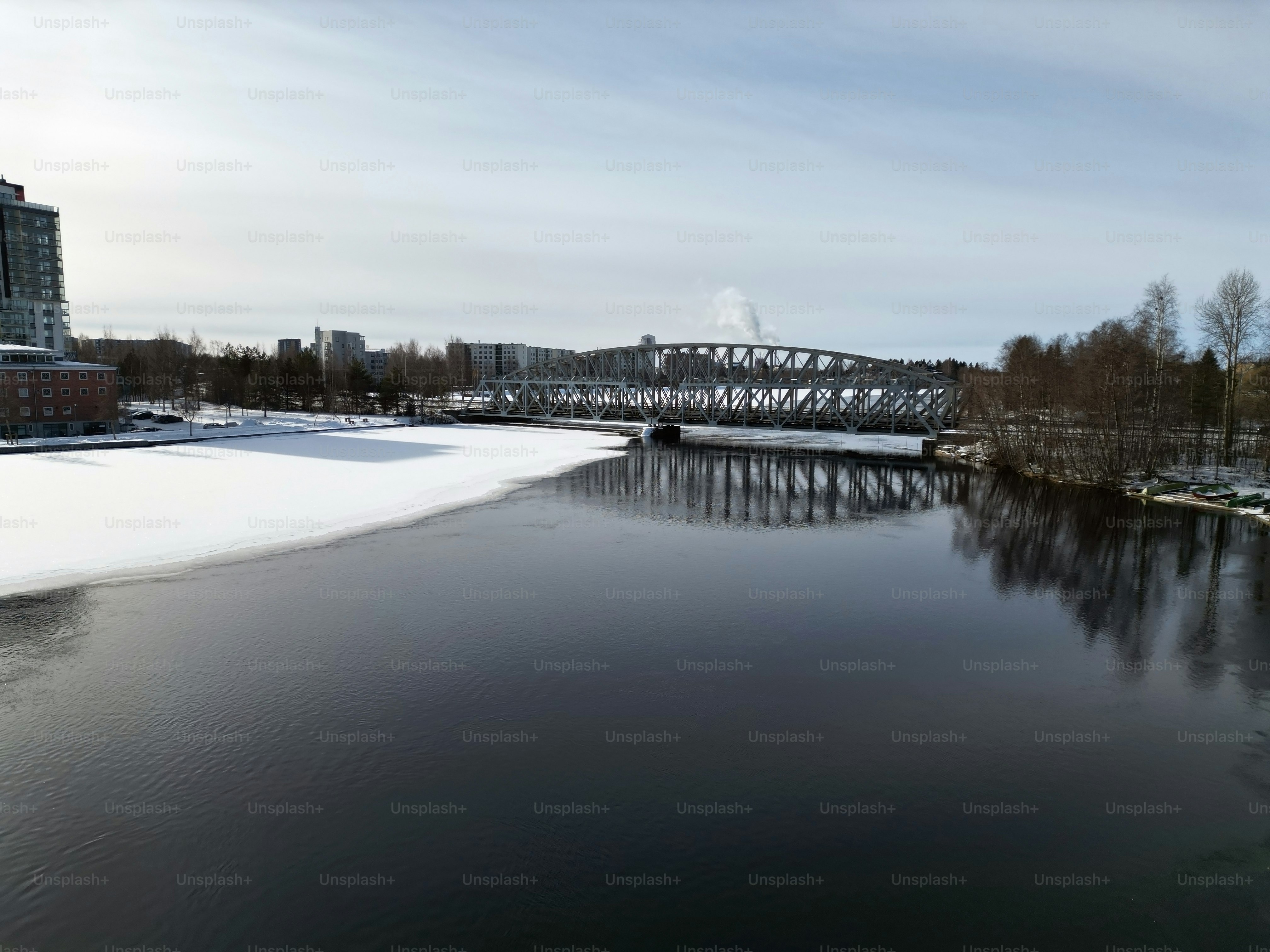 Aerial view of half frozen river, Oulu Finland