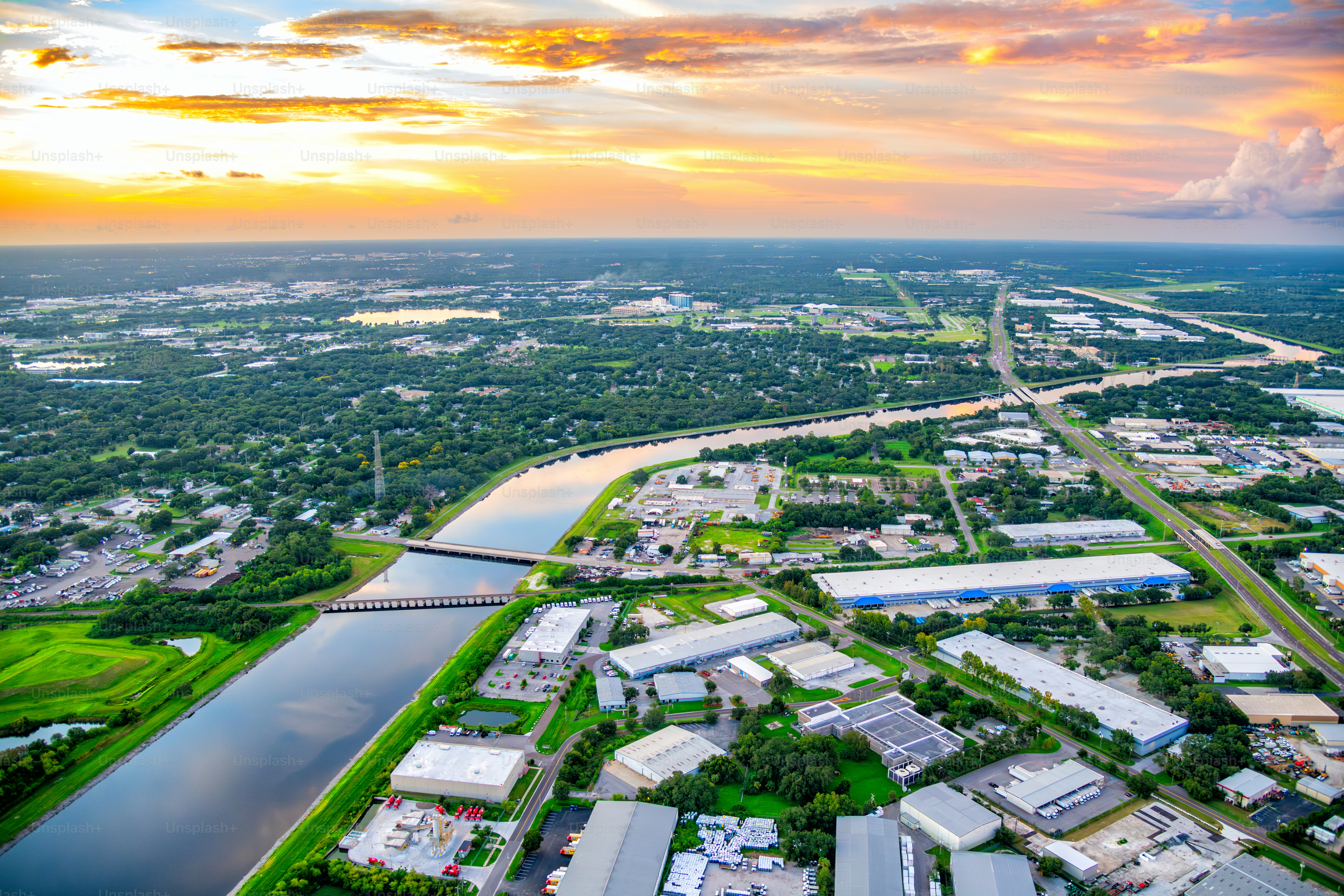Aerial view of the Tampa Bypass Canal, a flood control canal 14 miles long originating along Tampa Bay in downtown Tampa shot via helicopter from an altitude of about 1000 feet.