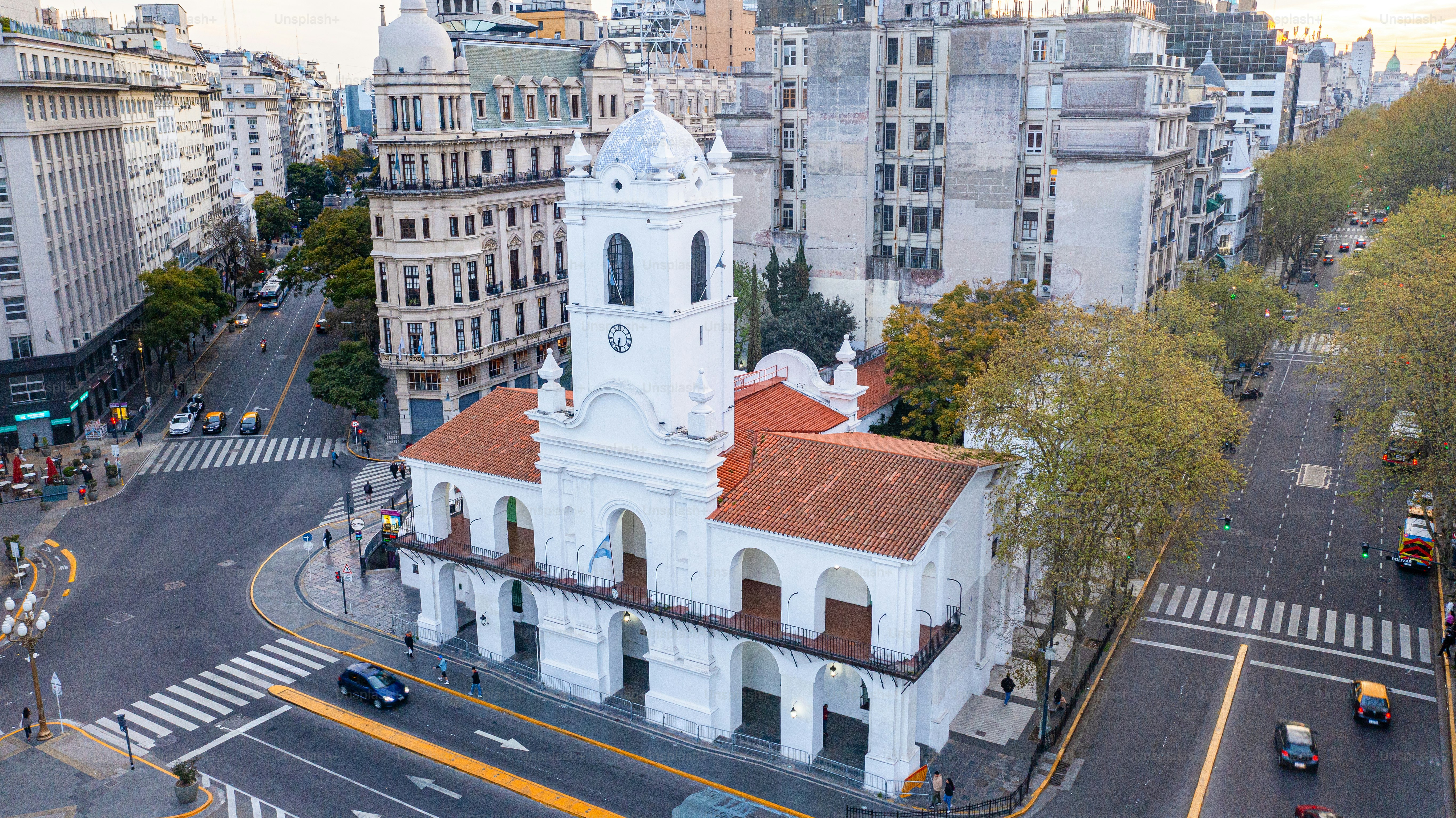 Aerial view of Plaza de Mayo with the Cabildo in the foreground in Buenos Aires, Argentina