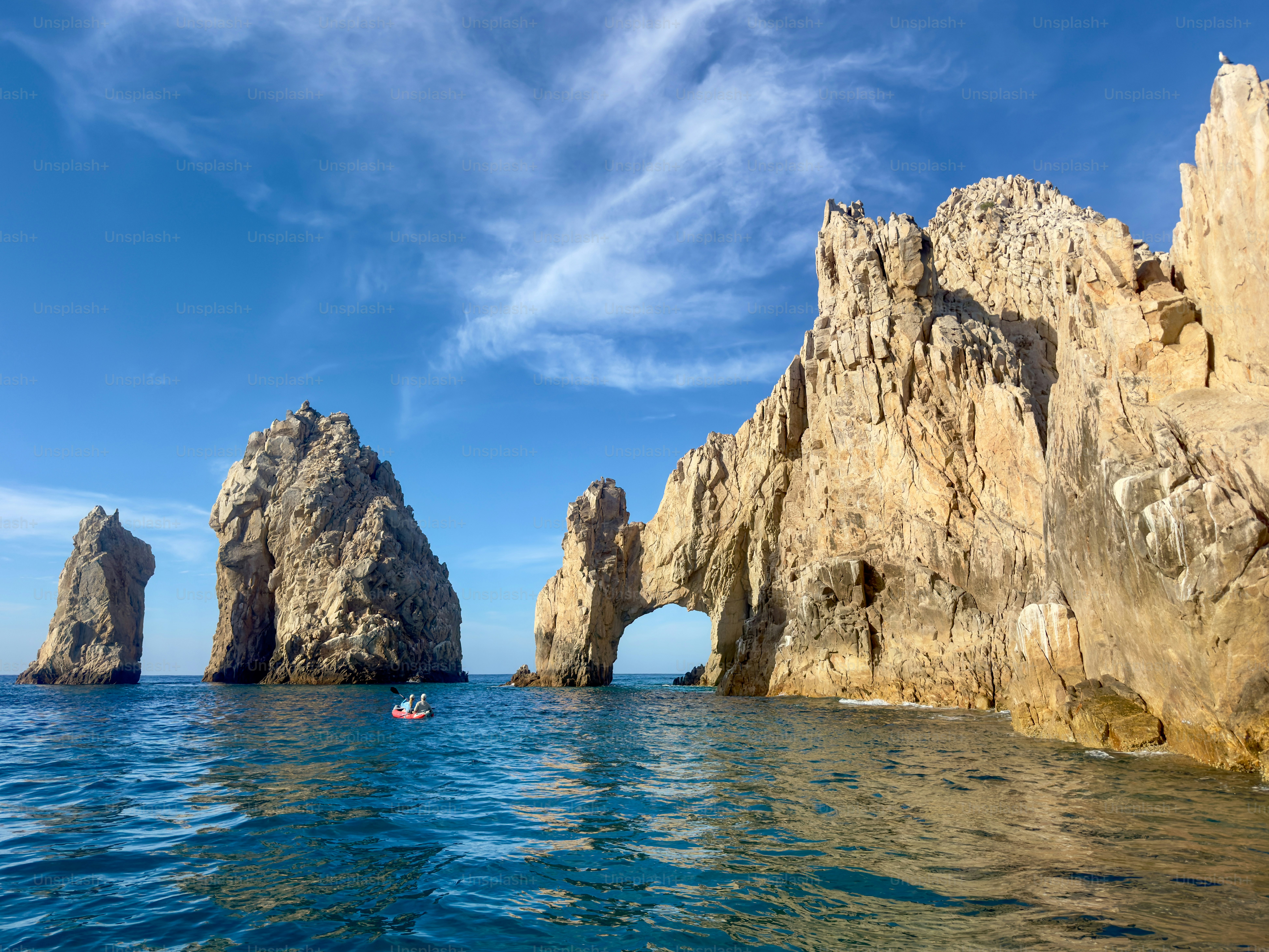Kayaking around one of the most famous rock formations is the Arch of Cabo San Lucas on the tip of Baja California. It took over a million years for the oceans to form the rock formation.