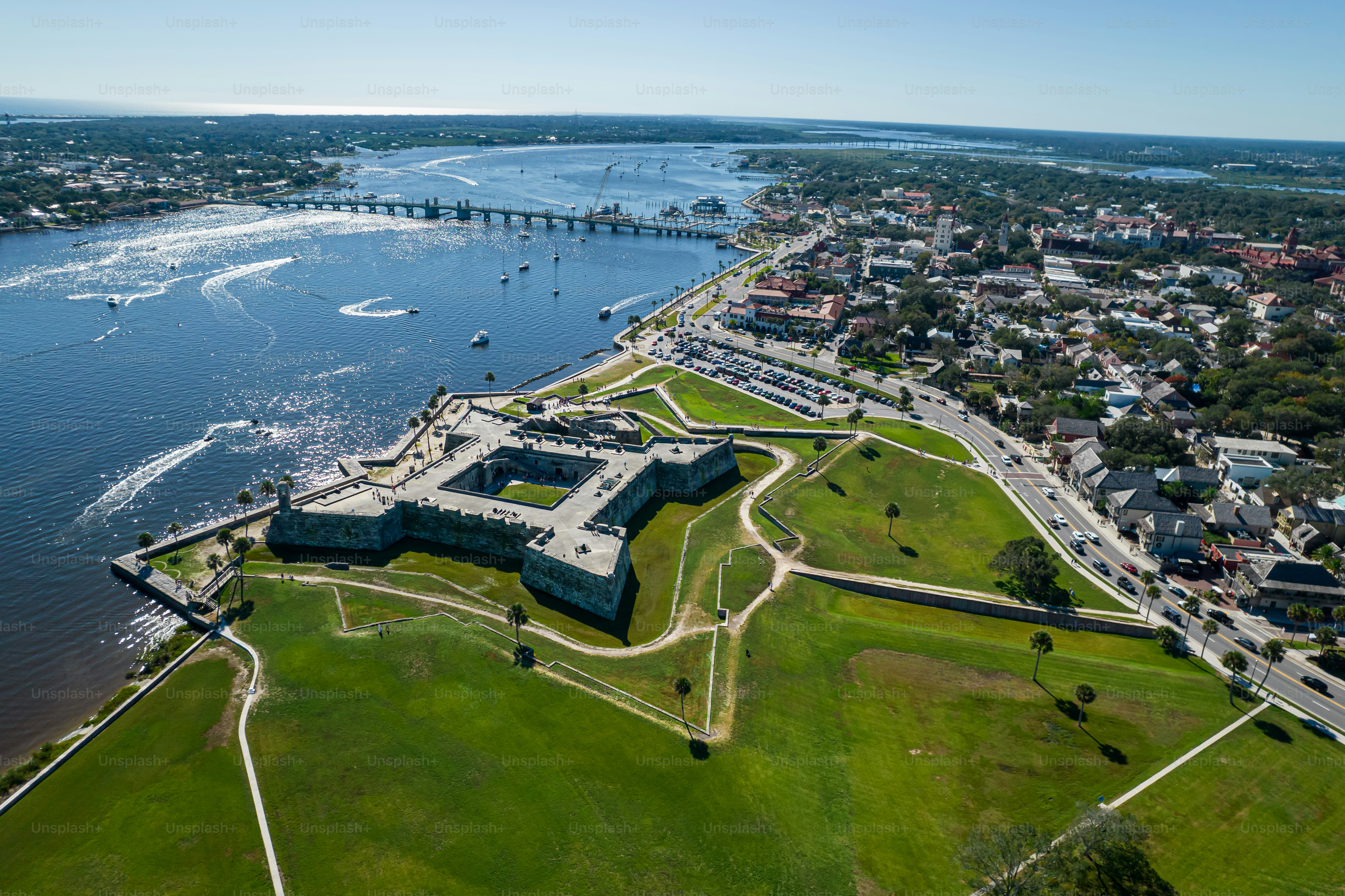 Beautiful aerial view of the St Augustine, the oldest town in USA. the castle of San Marcos National Monument, Flagler College and the Matanzas Bay
