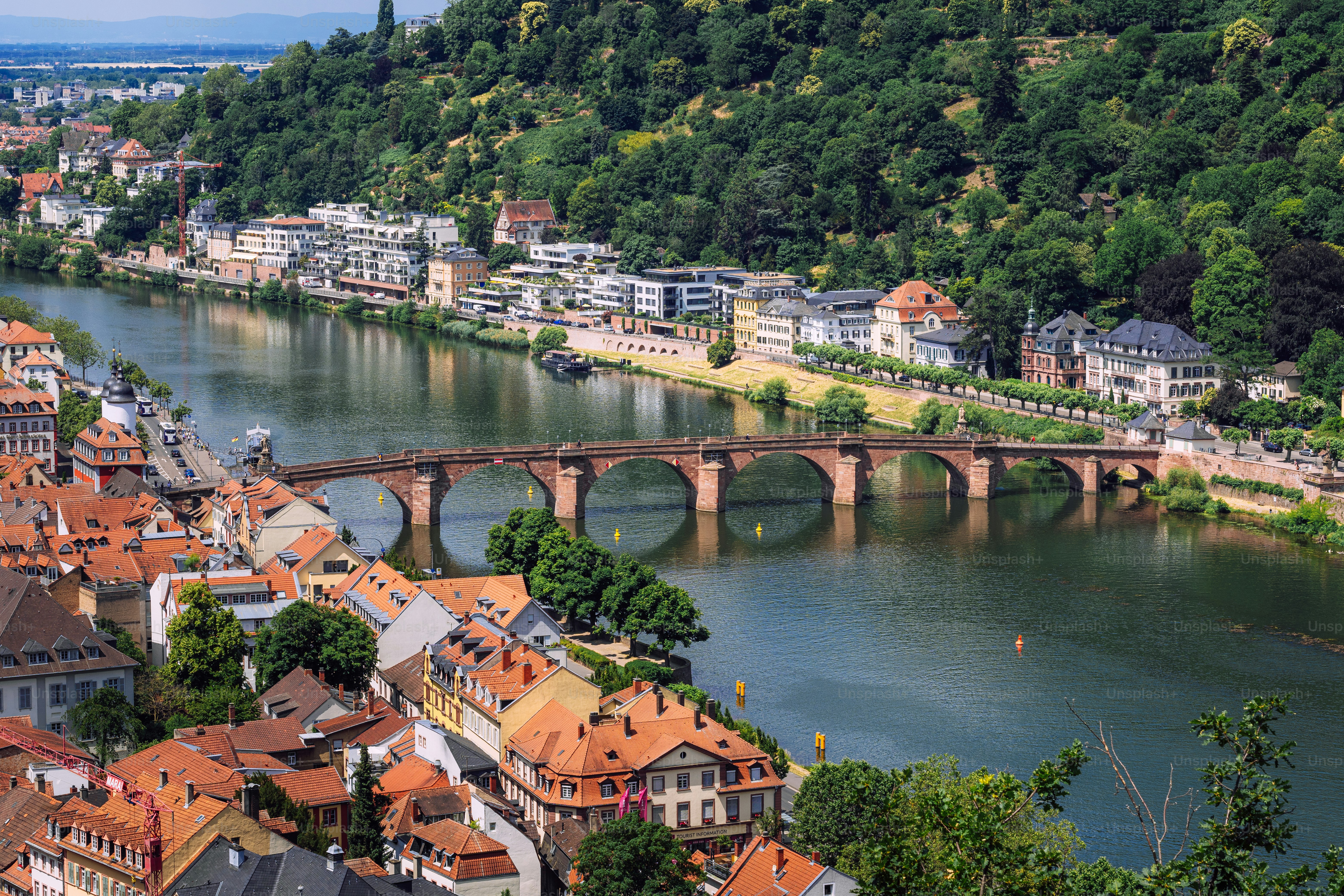 A beautiful aerial view of Heidelberg, Germany, showcasing the river ...