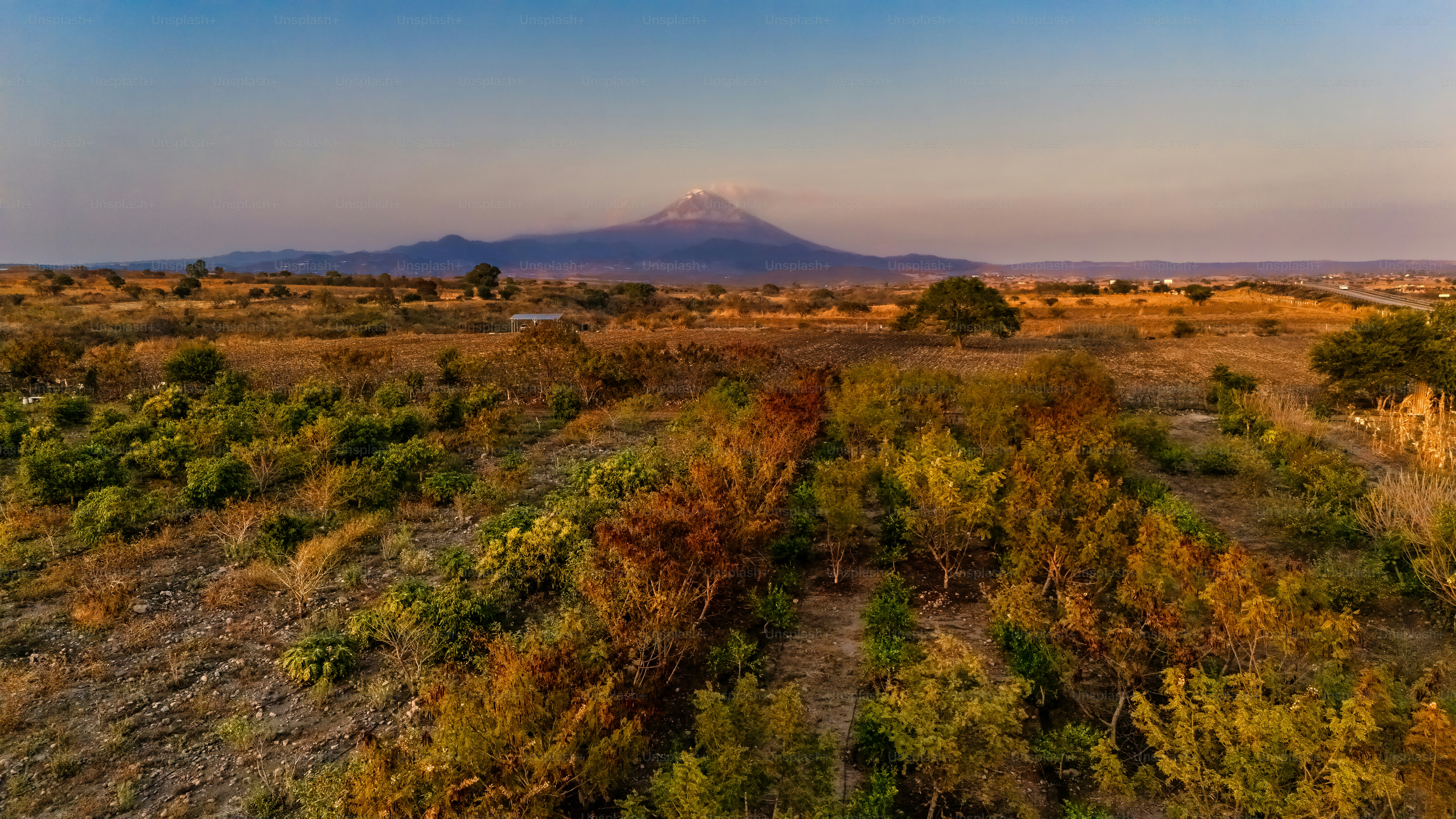 Aerial view of field with Popocatepetl volcano in background near Puebla, Mexico