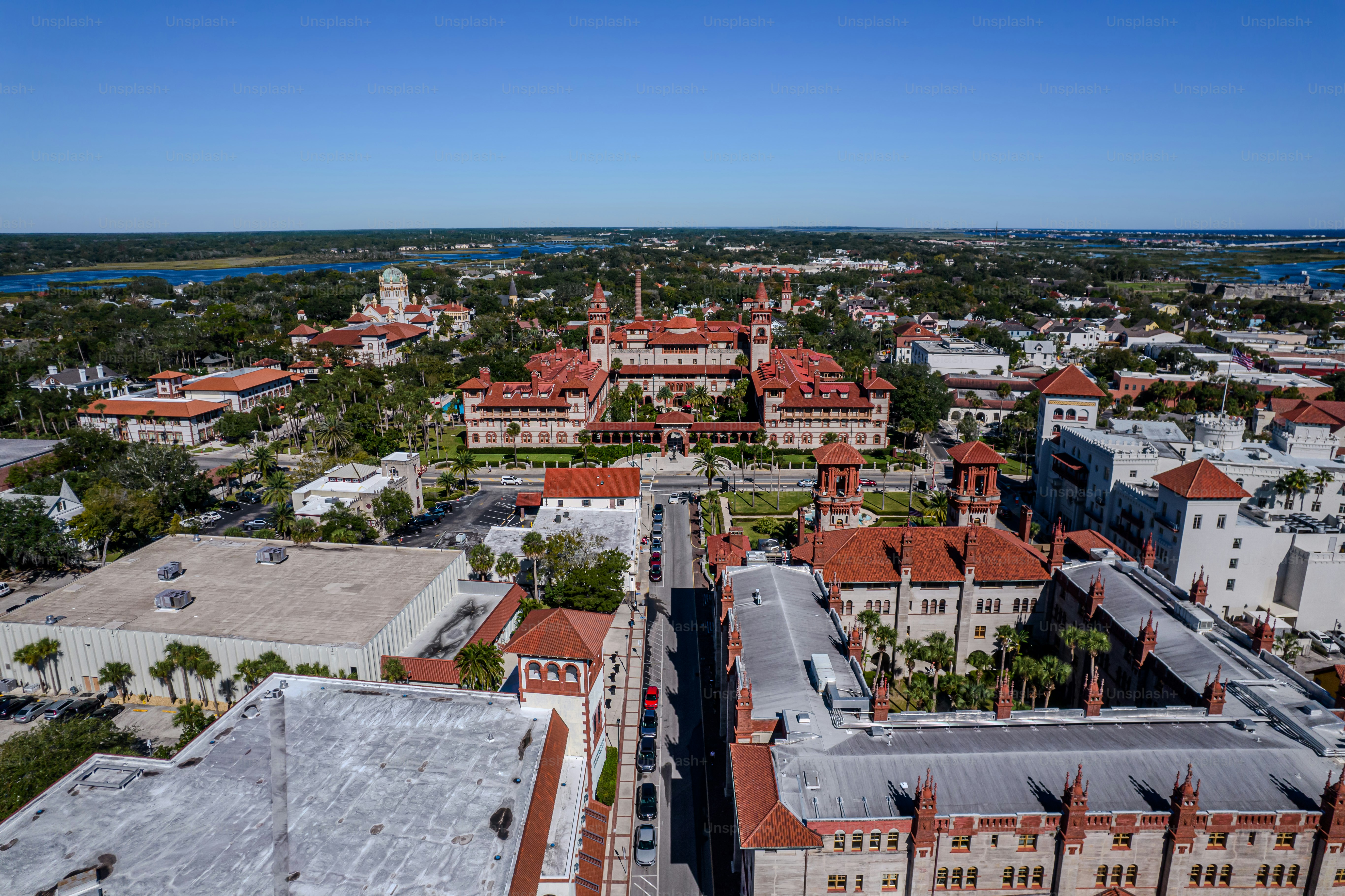 Beautiful aerial view of the St Augustine, the oldest town in USA. the castle of San Marcos National Monument, Flagler College and the Matanzas Bay