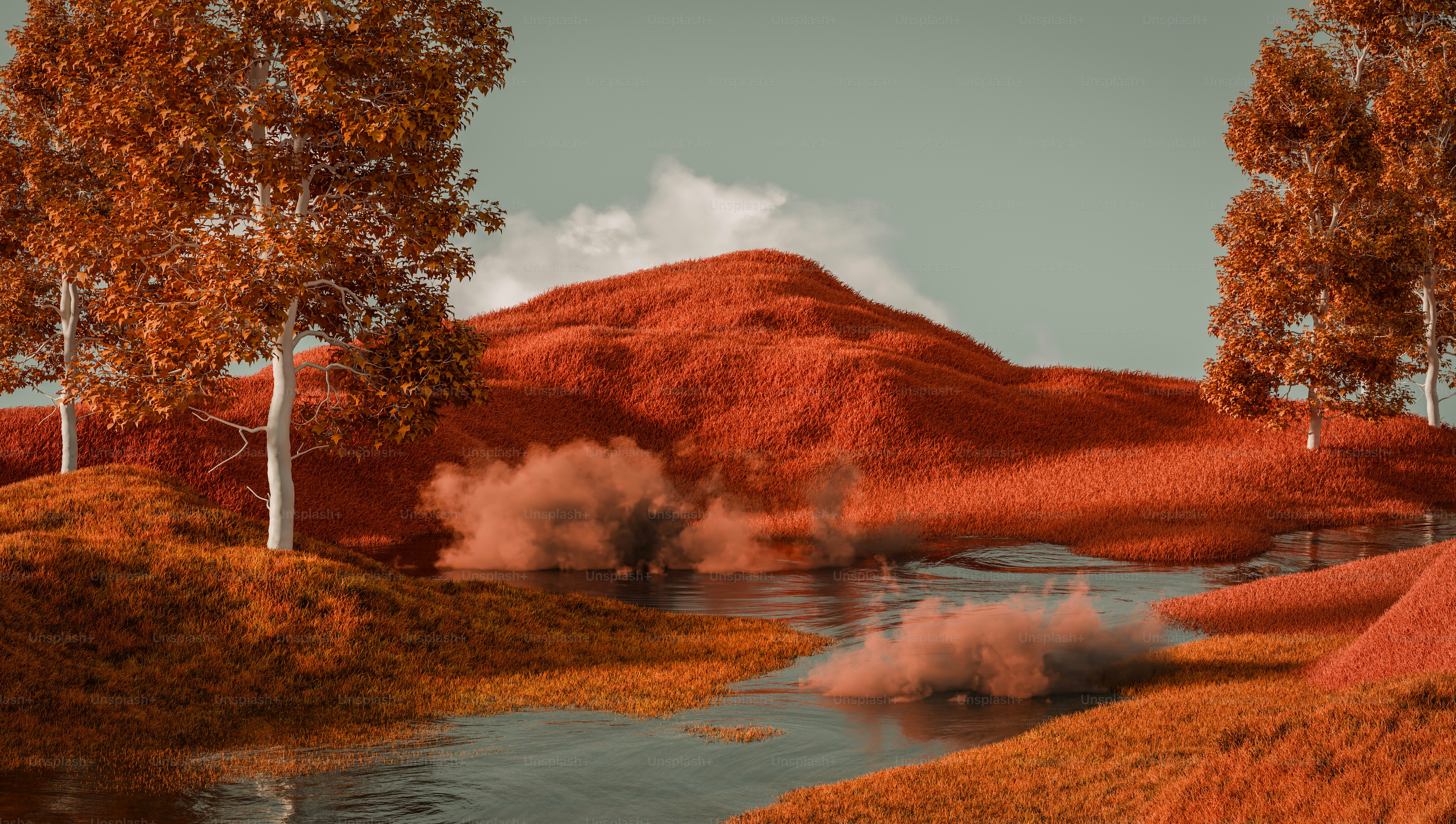 Lanskap menampilkan gunung dan sungai merah.
