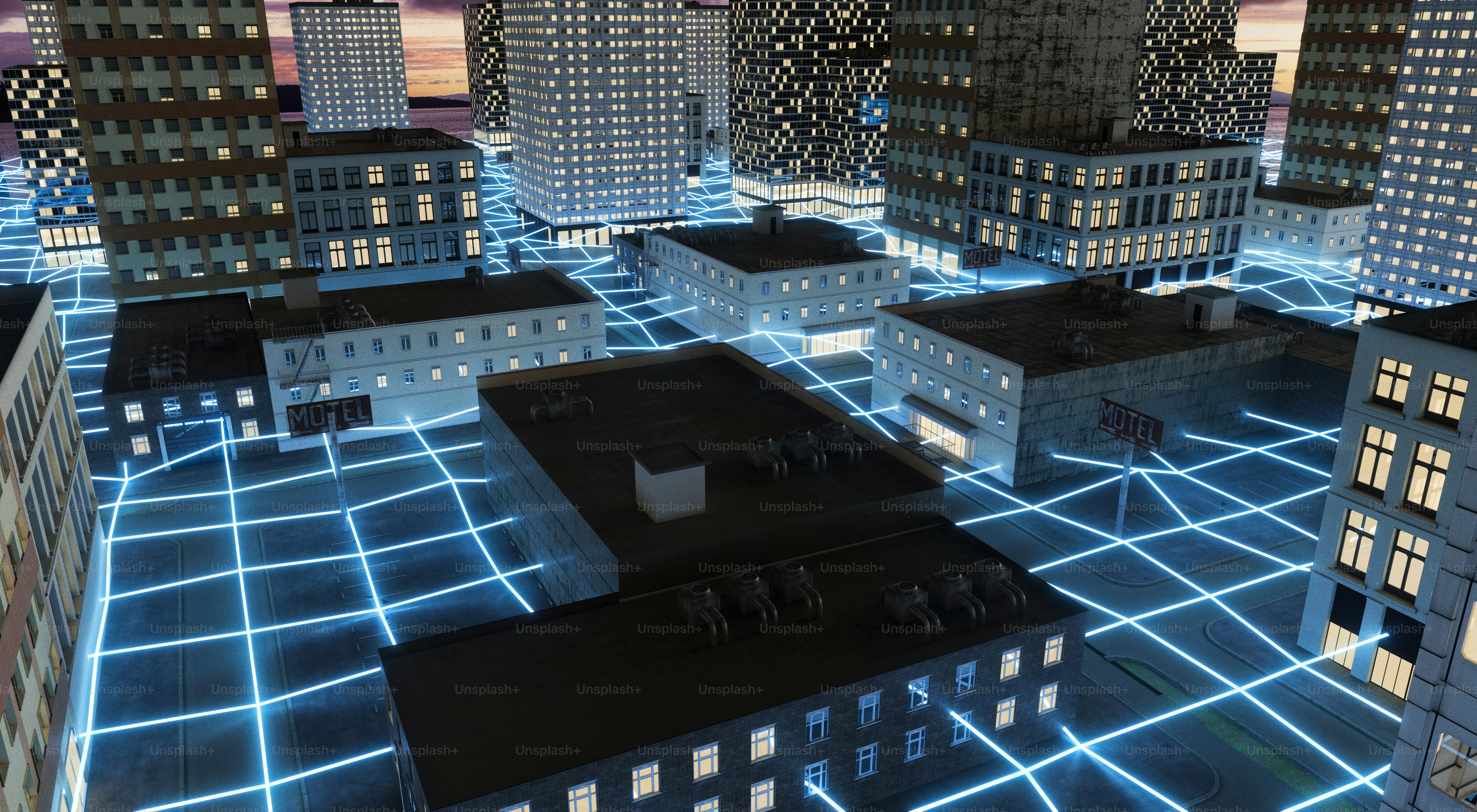 A futuristic city glows with blue gridlines