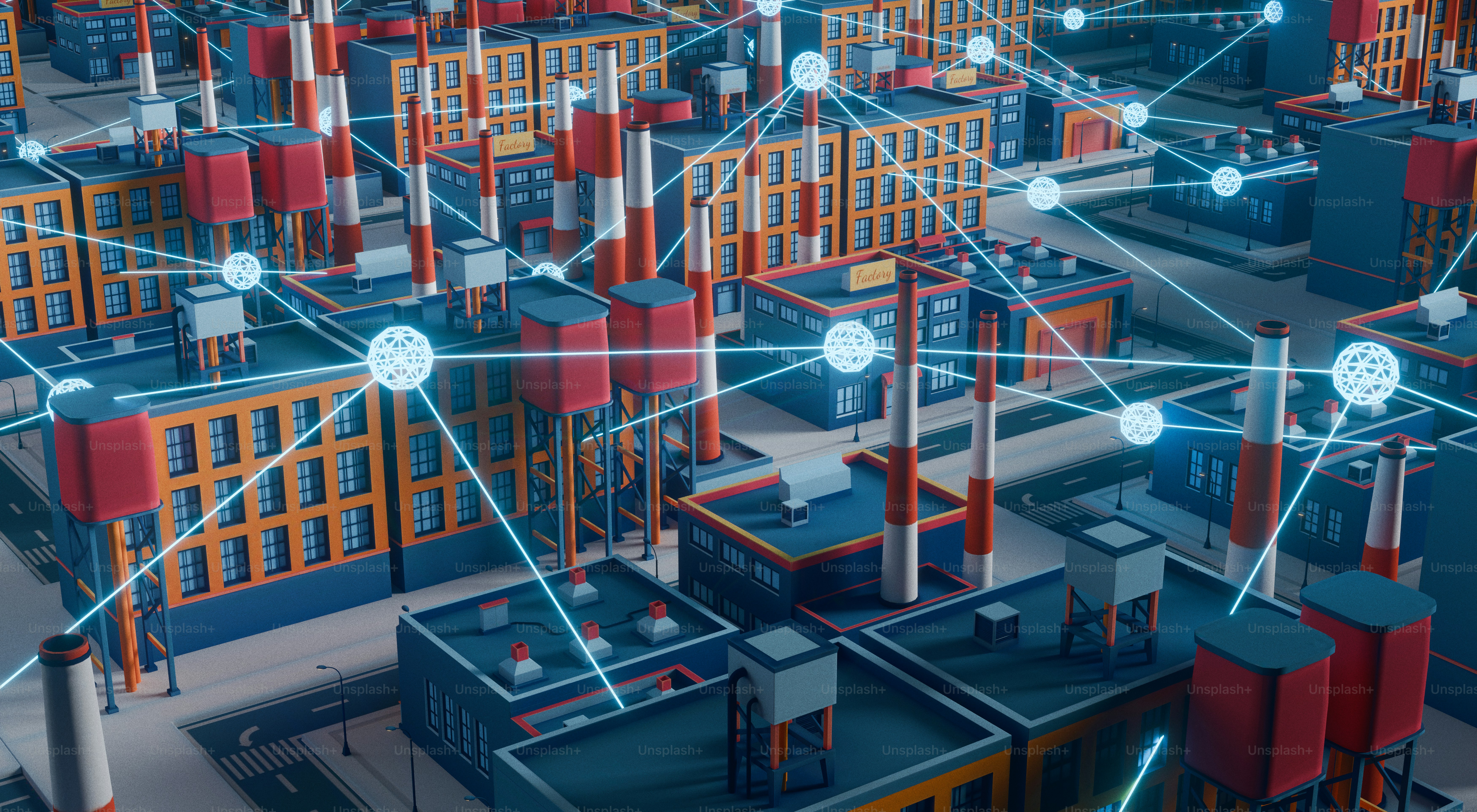 Connected factories and industrial buildings in a network.