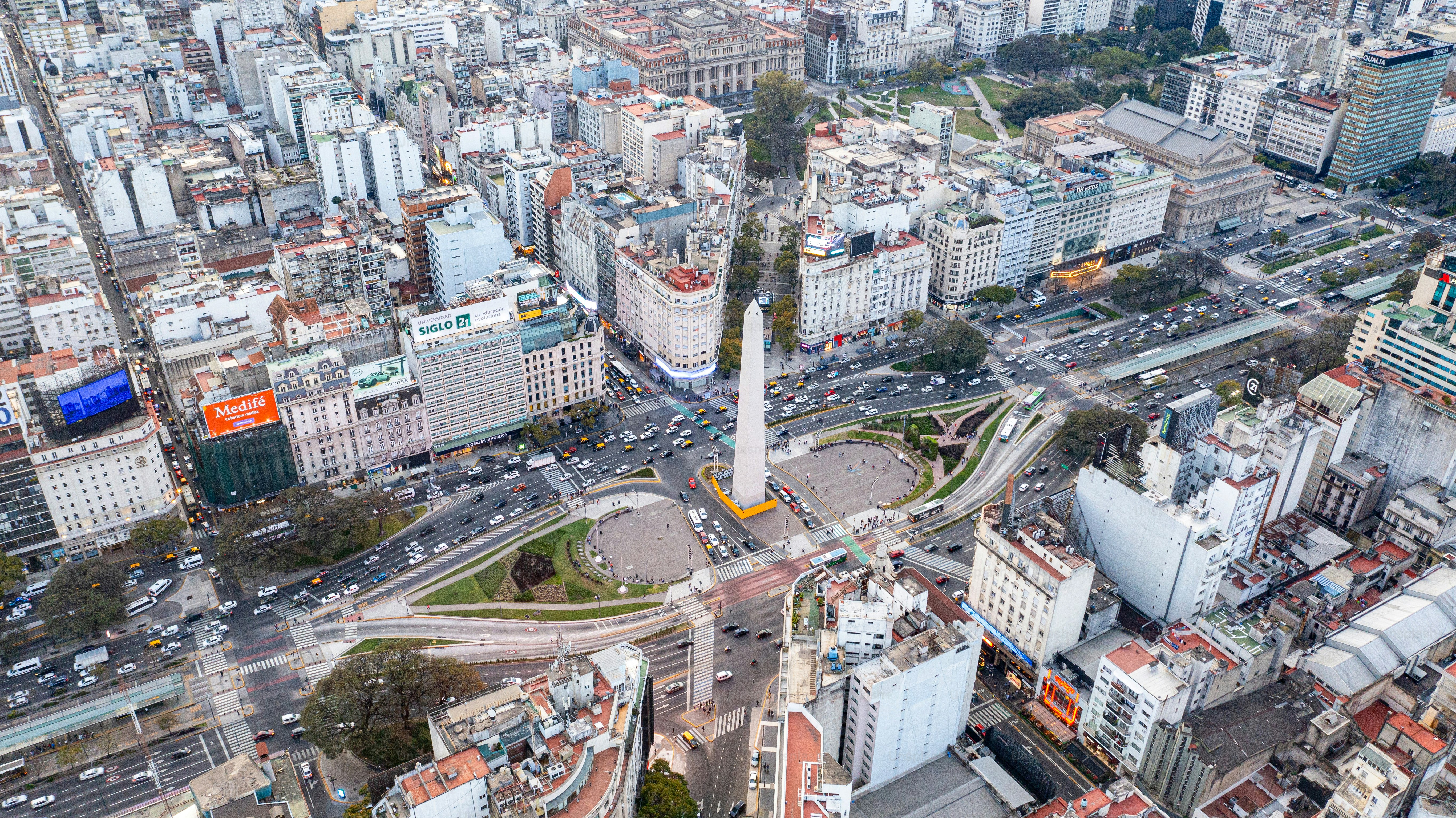 Aerial view of 9 de Julio Avenu and Obelisco in Buenos Aires, Argentina
