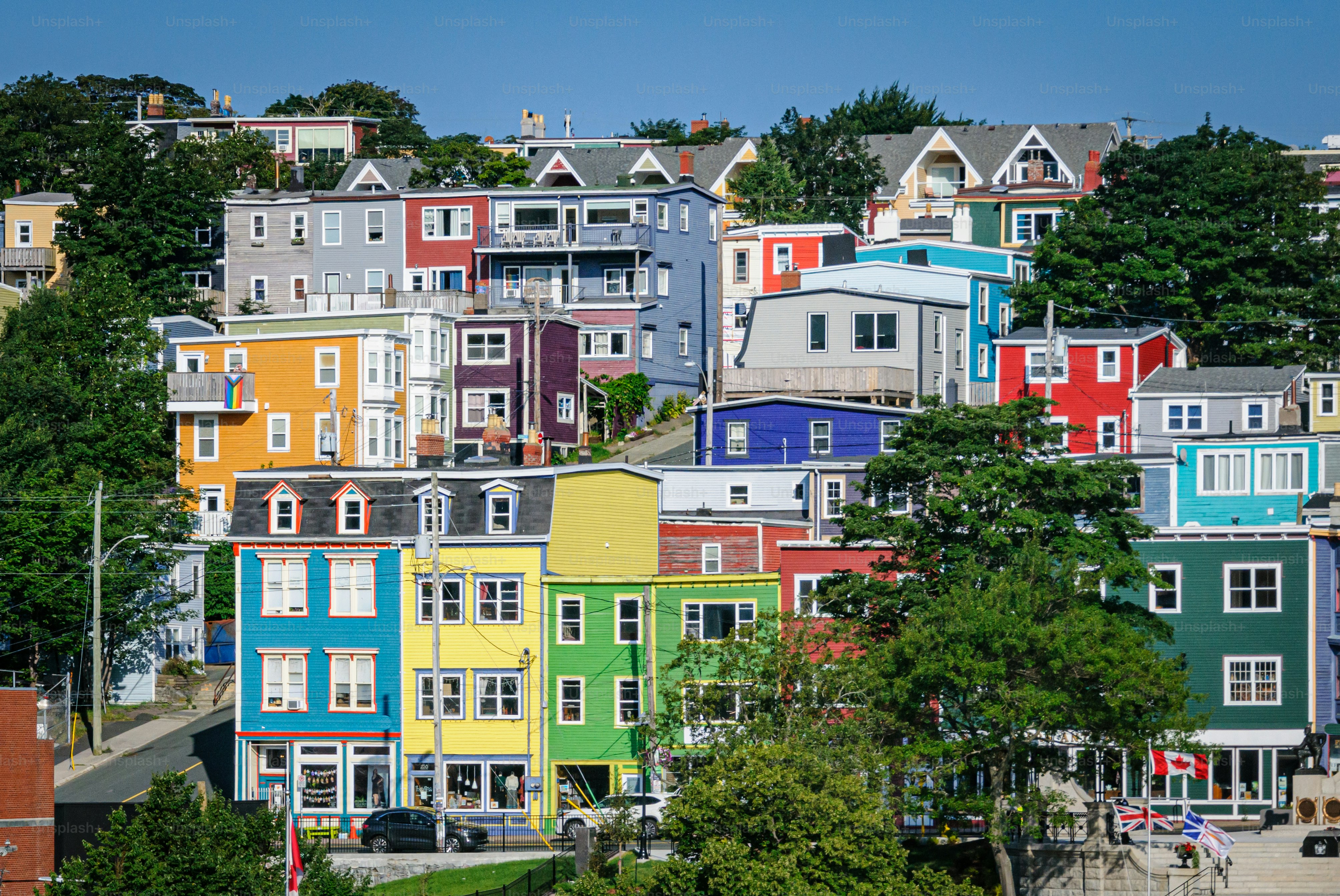 Colorful homes and shops on the hillside above the harbor in St. John's, Newfoundland.