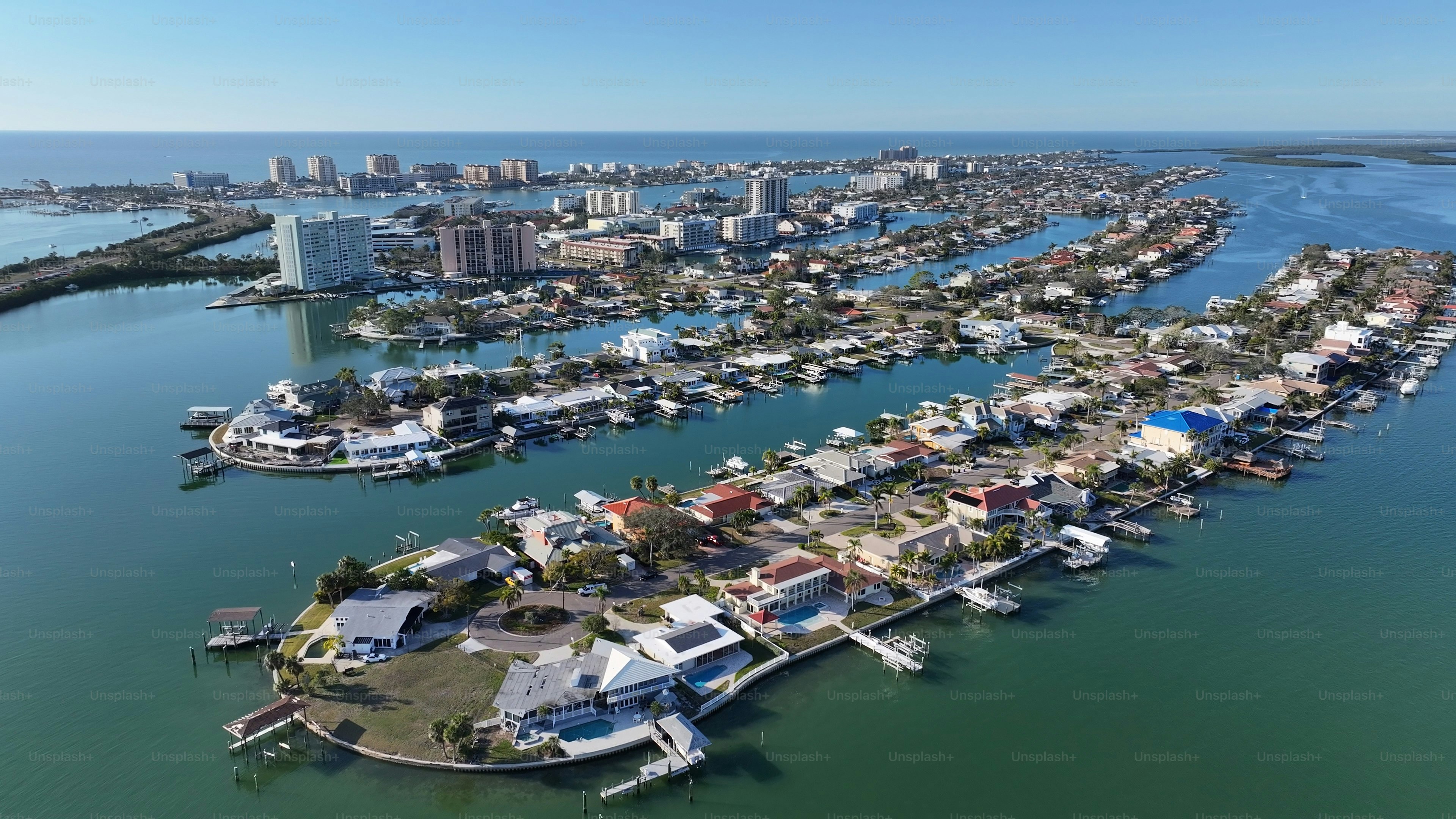 Clearwater Skyline At Clearwater In Florida United States. Stunning Cityscape. Beach Landscape. Highrise Buildings. Clearwater Skyline At Clearwater In Florida United States. Nature Background.